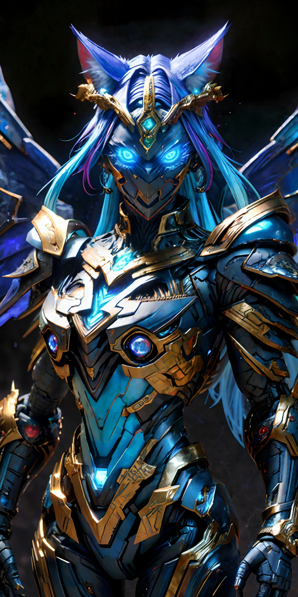 Masterpiece Anime Robot beutiful blue magma skin golem cat girl magic, aesthetic_eyes, detailed eyes, demon horn, wings, glowing, random fantasy hair, multicolored hair, body detailed, random very angry face, detailed face, Saenyo Ancalagon Anthropomorphic majestic Guardian| finely detailed Obsidian and Lava armor | cinematic lighting | intricate filigree metal design | 8k | unreal engine | octane render | aesthetic_eyes, detailed eyes, body detailed, ahegao, detailed face, highly detailed, fantasy background, blush, cat_ears_earrings hair_ornament highres jewelry triple_earring, detailed all, solo, fightning stance, magic circle, electrification, lightning effect, ray tracing, detailed all, show your ability A.I, 4K Ultra HD. add face mask, add fullface mask, mouth and nose covered by mask, robot, (full body:1.4), Glowing Eyes, Glowing skin, Glowing Particle