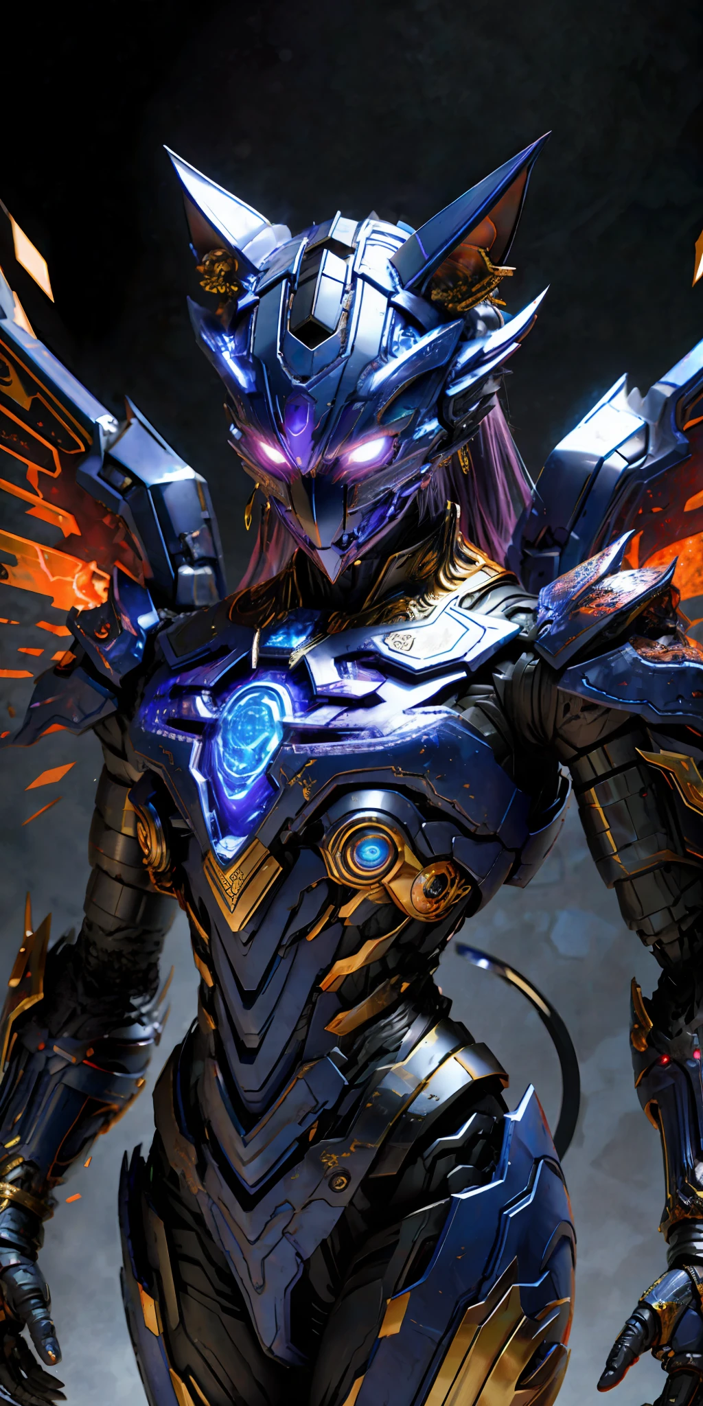 Masterpiece Anime Robot beutiful blue magma skin golem cat girl magic, aesthetic_eyes, detailed eyes, demon horn, wings, glowing, random fantasy hair, multicolored hair, body detailed, random very angry face, detailed face, Saenyo Ancalagon Anthropomorphic majestic Guardian| finely detailed Obsidian and Lava armor | cinematic lighting | intricate filigree metal design | 8k | unreal engine | octane render | aesthetic_eyes, detailed eyes, body detailed, ahegao, detailed face, highly detailed, fantasy background, blush, cat_ears_earrings hair_ornament highres jewelry triple_earring, detailed all, solo, fightning stance, magic circle, electrification, lightning effect, ray tracing, detailed all, show your ability A.I, 4K Ultra HD. add face mask, add fullface mask, mouth and nose covered by mask, robot, (full body:1.4), Glowing Eyes, Glowing skin, Glowing Particle