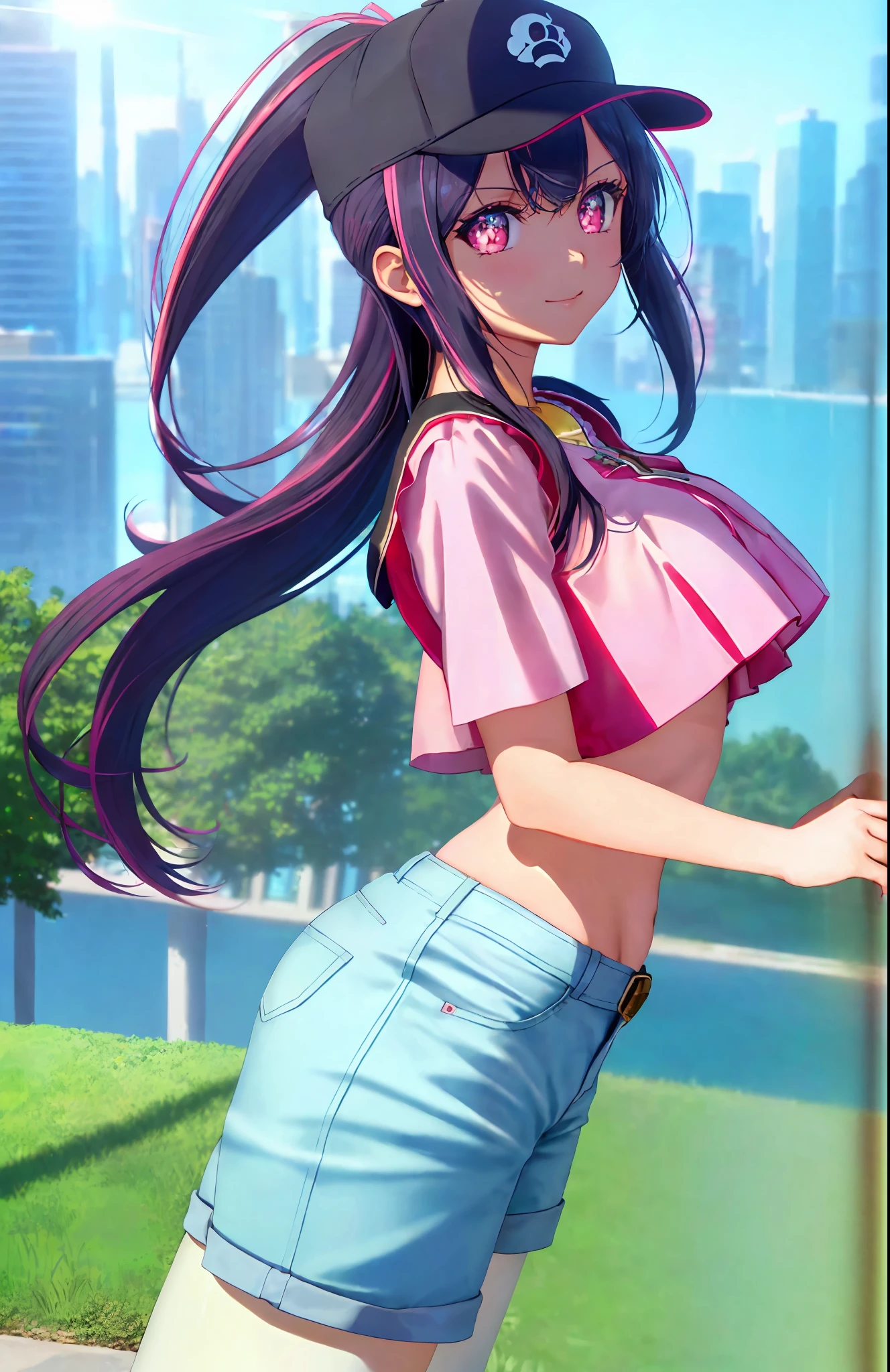 Amazing eye details Top quality anime style art, 1 girl, push-up, bangs, baseball cap, belt, chest, Bremerton (azur_lane\), crop top, crop top overhang, hair between eyes, hat, big breasts, long hair, looking at viewer, upper body, multicolor hair navel, pink eyes, pink hair, ponytail, Shorts, Shorts, Side Rock, Smile, Solo, Standing, Streak Hair, Thighs, White Legwear, Cinematic Light, Ray Tracing, Masterpiece, Top Quality, High Resolution, Highly Detailed CG, 8K Wallpaper, Very Delicate and Beautiful, Best Shadows, Hyper Elaborate Details, Detailed Backgrounds, Super Beautiful Girl, Cute, Glossy skin, colorful, depth of field, super_detailed_background, full body, whole body, standing, (glossy, reflection, glass: 1.1), intricate clothing details, anime, scenic background, outdoor, city, city, high resolution, symmetrical eyes, illustration, hard lighting, (realistic highlights, real shading), (skin color, Skin tone shading, colorful lighting) is the best and highest quality art in anime style and the most beautiful anime-style art you've ever seen. The winning works are visually stunning, with the best changes between two forms: shape, depth, and art of color drawn by professional artists.