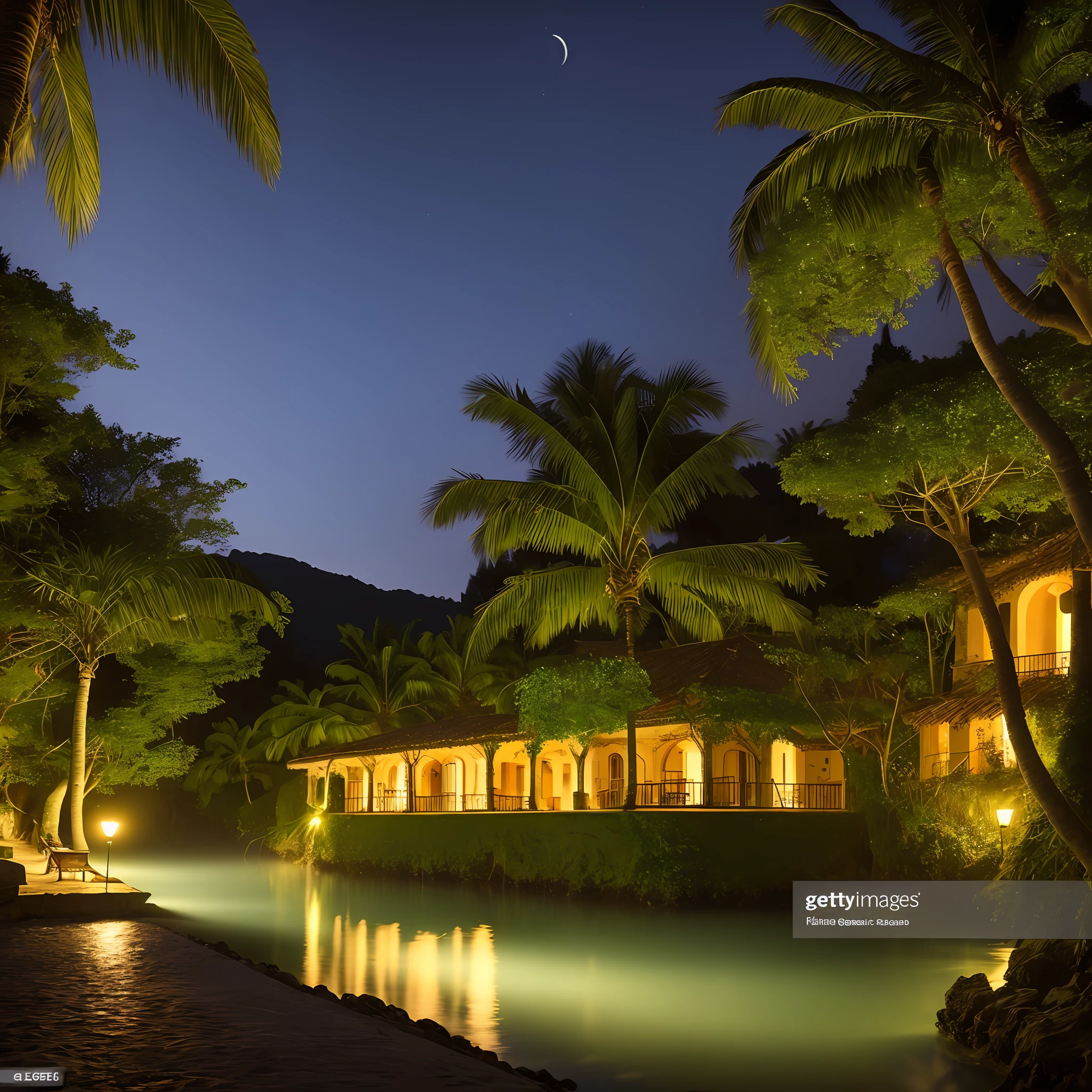Portrait of an italian village in a tropical forest at night with a tropical beach far in the horizon, focus, realistic, perfect, lake, white beach, european castle, slight fog