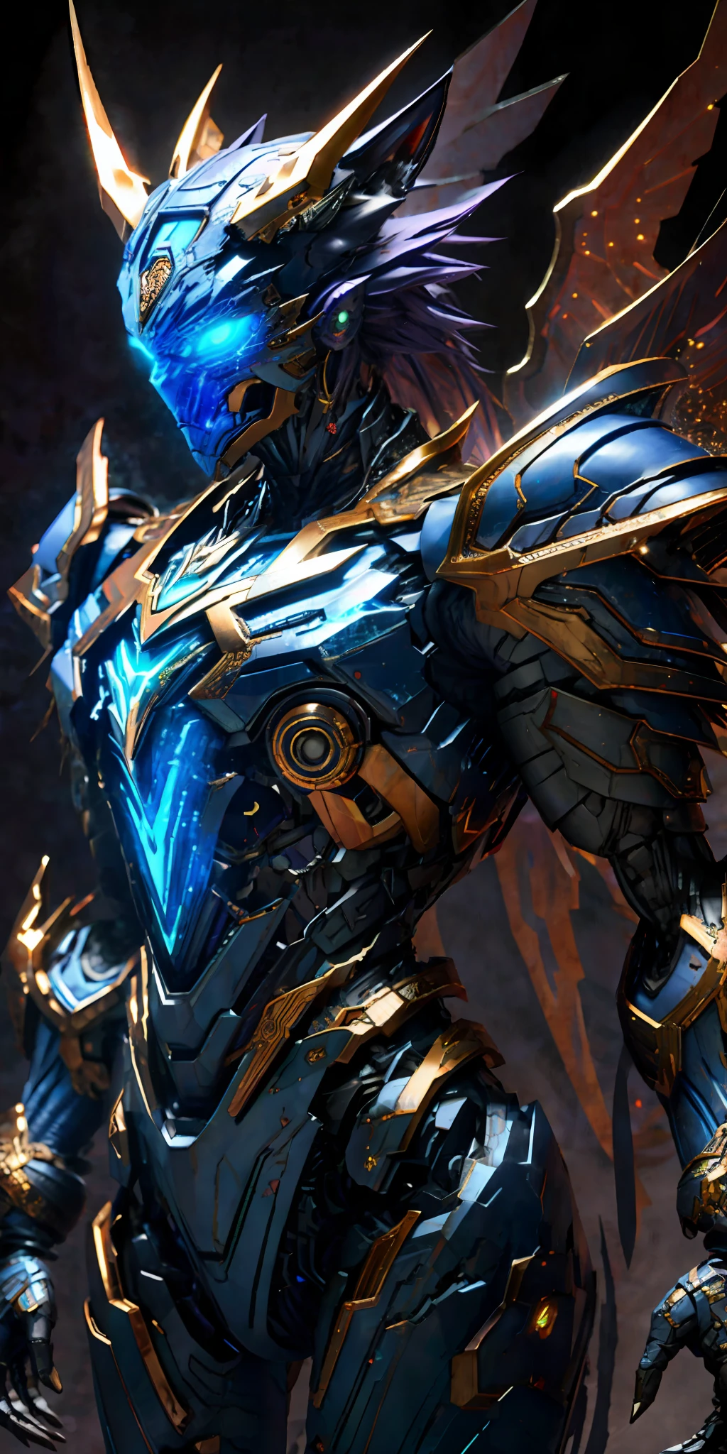 Masterpiece Anime Robot beutiful blue magma skin golem cat girl magic, aesthetic_eyes, detailed eyes, demon horn, wings, glowing, random fantasy hair, multicolored hair, body detailed, random very angry face, detailed face, Saenyo Ancalagon Anthropomorphic majestic Guardian| finely detailed Obsidian and Lava armor | cinematic lighting | intricate filigree metal design | 8k | unreal engine | octane render | aesthetic_eyes, detailed eyes, body detailed, ahegao, detailed face, highly detailed, fantasy background, blush, cat_ears_earrings hair_ornament highres jewelry triple_earring, detailed all, solo, fightning stance, magic circle, electrification, lightning effect, ray tracing, detailed all, show your ability A.I, 4K Ultra HD. add face mask, add fullface mask, mouth and nose covered by mask, robot, (full body:1.4), Glowing Eyes, Glowing skin, Glowing Particle