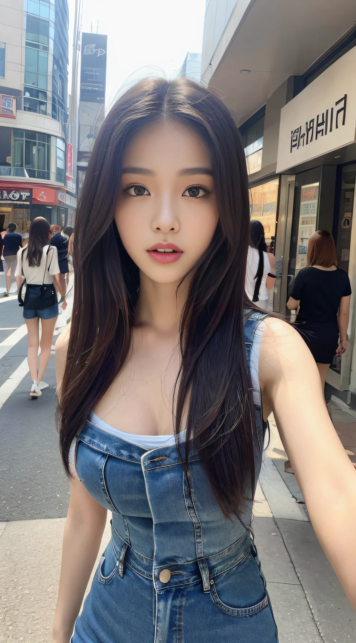 (Top Quality, 16k, Masterpiece: 1.3)), 1 Girl, Sharp Focus: 1.2, Beautiful Woman with Perfect Figure: 1.4, Slender Abs: 1.2, ((Long Bob Hair)), (No Big Breasts: 1.2), ((Beautiful Face Idol: 1.3)), ((Denim Sleeveless 1.5)), Highly Detailed Face and Skin Texture, Detailed Eyes, Double Eyelids, (((Suspended)), (Seductive), Pedestrian Street, Modern Urban Architecture