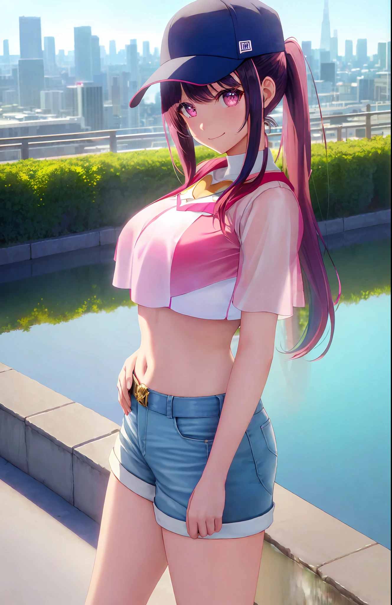 Amazing eye details Top quality anime style art, 1 girl, push-up, bangs, baseball cap, belt, chest, Bremerton (azur_lane\), crop top, crop top overhang, hair between eyes, hat, big breasts, long hair, looking at viewer, upper body, multicolor hair navel, pink eyes, pink hair, ponytail, Shorts, Shorts, Side Rock, Smile, Solo, Standing, Streak Hair, Thighs, White Legwear, Cinematic Light, Ray Tracing, Masterpiece, Top Quality, High Resolution, Highly Detailed CG, 8K Wallpaper, Very Delicate and Beautiful, Best Shadows, Hyper Elaborate Details, Detailed Backgrounds, Super Beautiful Girl, Cute, Glossy skin, colorful, depth of field, super_detailed_background, full body, whole body, standing, (glossy, reflection, glass: 1.1), intricate clothing details, anime, scenic background, outdoor, city, city, high resolution, symmetrical eyes, illustration, hard lighting, (realistic highlights, real shading), (skin color, Skin tone shading, colorful lighting) is the best and highest quality art in anime style and the most beautiful anime-style art you've ever seen. The winning works are visually stunning, with the best changes between two forms: shape, depth, and art of color drawn by professional artists.