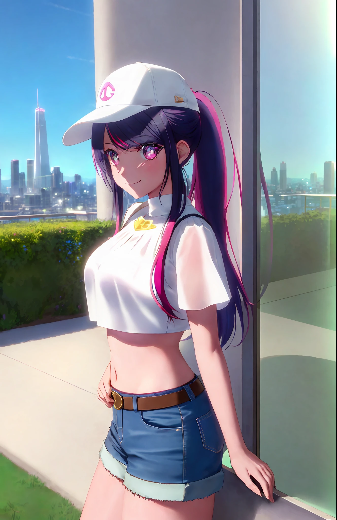 Amazing eye details Top quality anime style art, 1 girl, push-up, bangs, baseball cap, belt, chest, Bremerton (azur_lane\), crop top, crop top overhang, hair between eyes, hat, big breasts, long hair, looking at viewer, upper body, multicolor hair navel, pink eyes, pink hair, ponytail, Shorts, Shorts, Side Rock, Smile, Solo, Standing, Streak Hair, Thighs, White Legwear, Cinematic Light, Ray Tracing, Masterpiece, Top Quality, High Resolution, Highly Detailed CG, 8K Wallpaper, Very Delicate and Beautiful, Best Shadows, Hyper Elaborate Details, Detailed Backgrounds, Super Beautiful Girl, Cute, Glossy skin, colorful, depth of field, super_detailed_background, full body, whole body, standing, (glossy, reflection, glass: 1.1), intricate clothing details, anime, scenic background, outdoor, city, city, high resolution, symmetrical eyes, illustration, hard lighting, (realistic highlights, real shading), (skin color, Skin tone shading, colorful lighting) is the best and highest quality art in anime style and the most beautiful anime-style art you've ever seen. The winning works are visually stunning, with the best changes between two forms: shape, depth, and art of color drawn by professional artists.