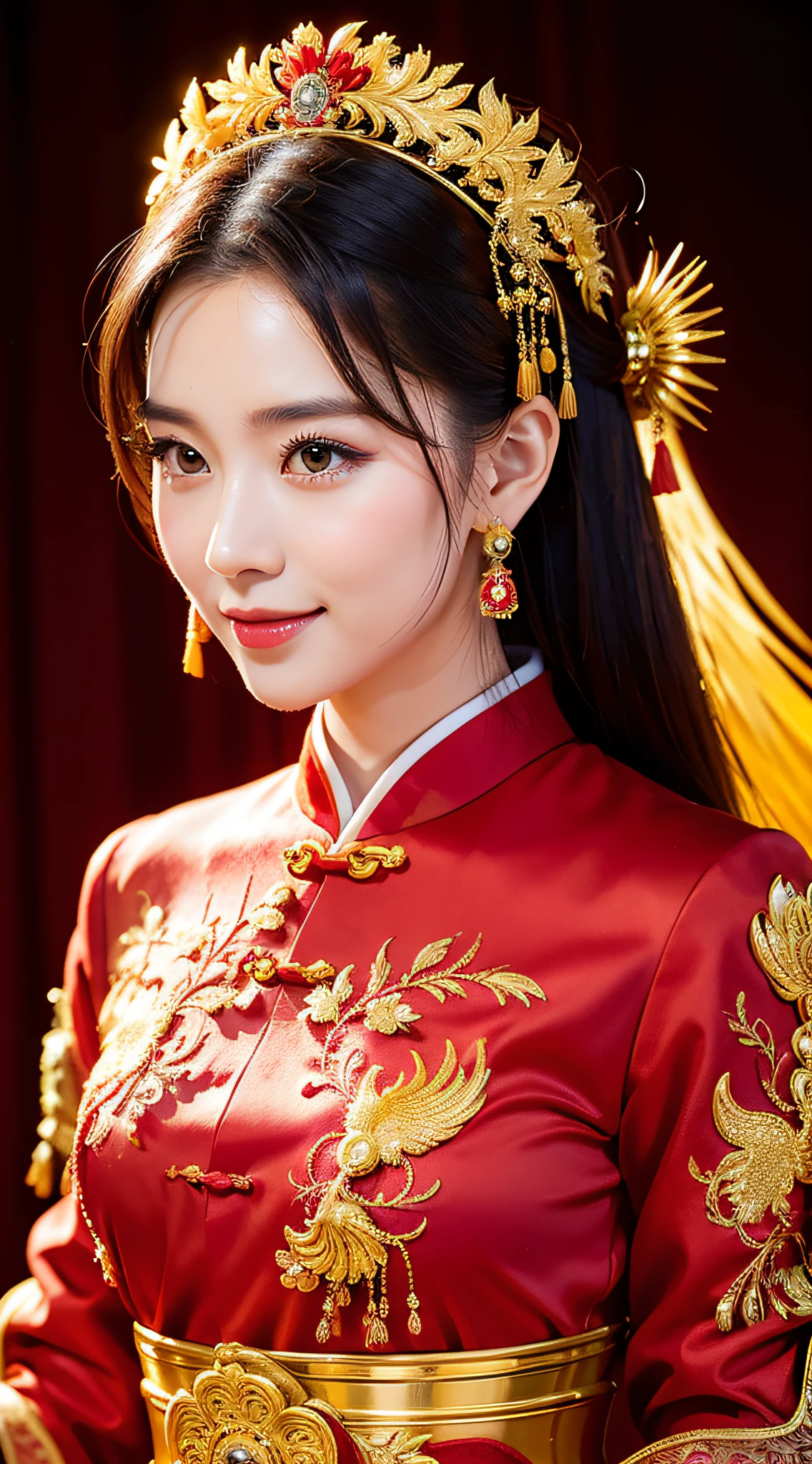 (8k, RAW Photo, Best Quality, Masterpiece: 1.2), (Realistic, Realistic: 1.37), 1 Girl, Woman in Red Dress and Headdress Posing for Photo, Gorgeous Role Play, Beautiful Costume, Chinese Dress, Complex Dress, Complex Costume, Traditional Beauty, Gorgeous Chinese Model, Chinese Costume, Wearing Gorgeous Costume, Wearing Elegant Chinese Xiuhe Dress, Chinese Wedding Dress, Phoenix Crown Xia Hanging, Antique Bride, Xiuhe Costume, Close Up, Wearing Phoenix Crown, Smile, No Watermark, Dragon and phoenix embroidered dress