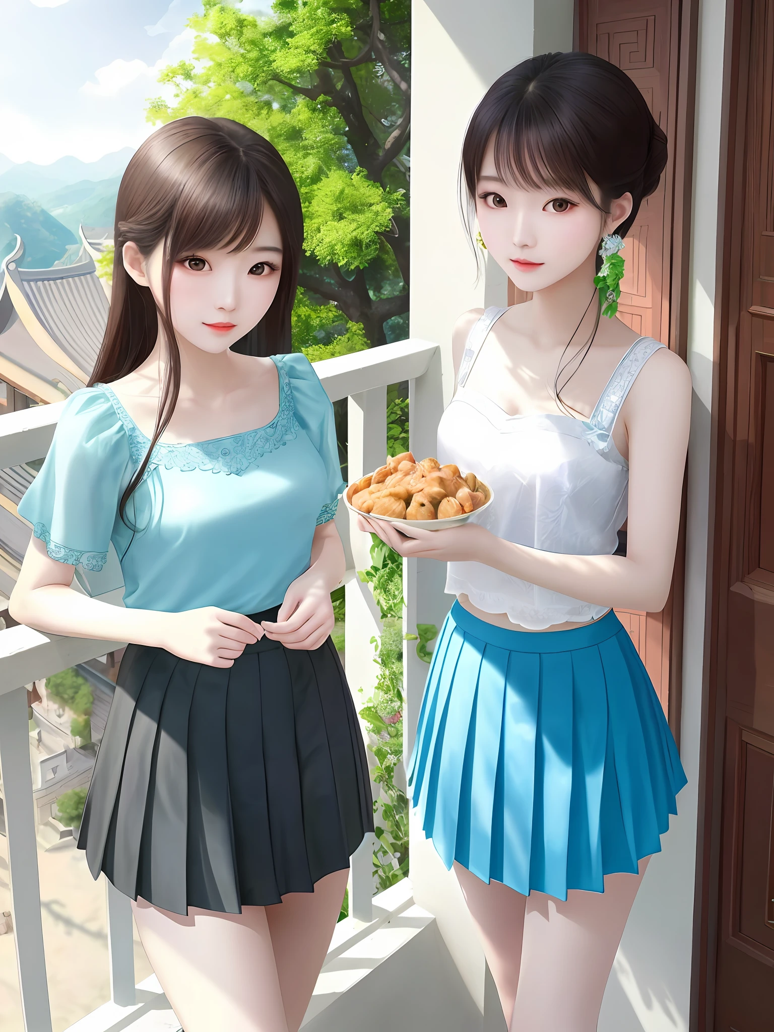 Super beautiful, high resolution, masterpiece, a sunny beautiful Chinese beauty, 22 years old, delicate collarbone, beautiful cute face, beautiful big eyes, smart and spiritual, perfect body, ultra-short pleated skirt, ultra-low chicken heart without suspender bandeau, sun, balcony, breeze, beautiful sky,