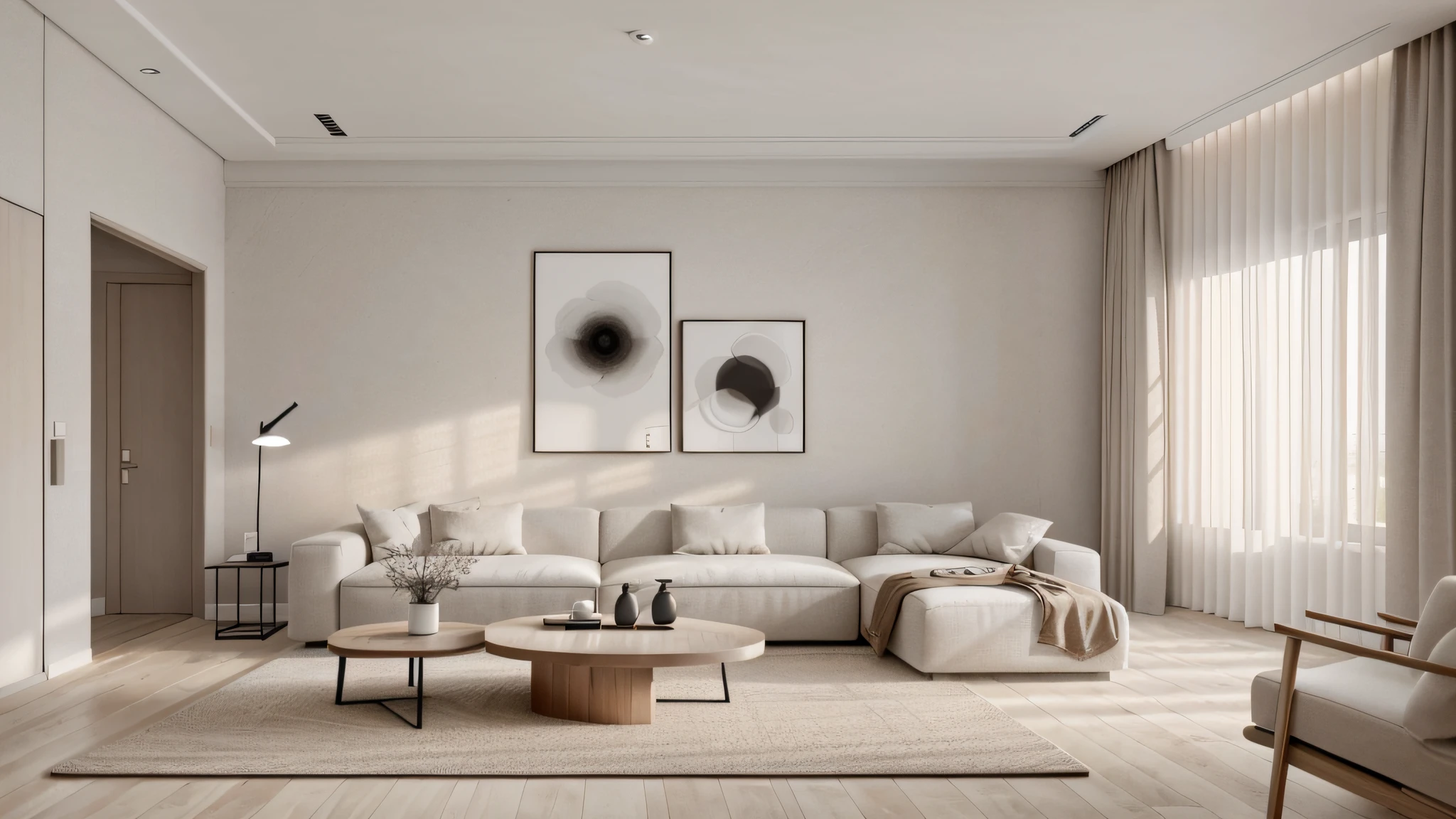 minimalist interior, living room, white walls, skin pores, skin indentation, detailed face, best shadows, best lighting, cinematic lighting, best quality, luminous eyes, ambient warm light, warm tones,
