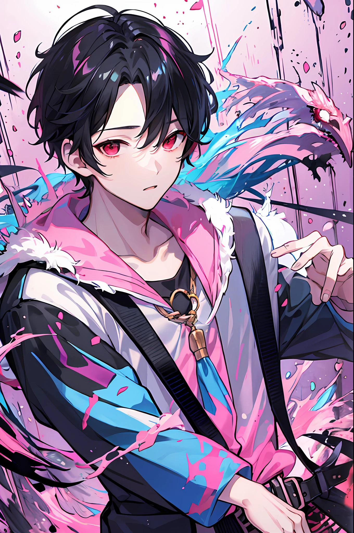 1 boy, handsome boy, black hair, comma hair, forehead comma hair, korean hair, Red eyes, pink and blue splash, looking at viewer, upper body