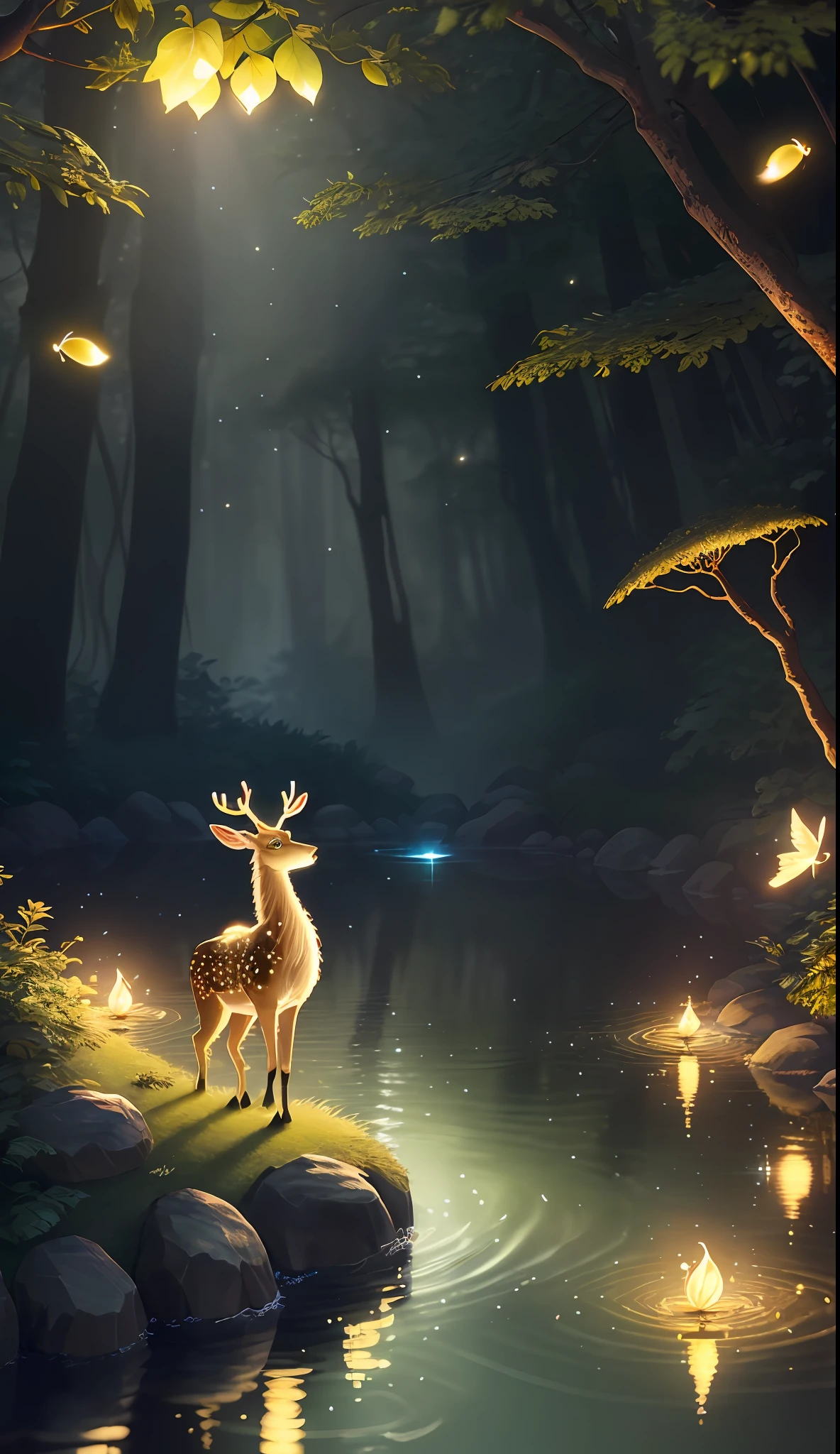 Masterpiece, best quality, (very detailed CG unity 8k wallpaper), (best quality), (best illustration), (best shadows), glow sprite, with a glowing deer, in the swimming pool Drinking water, natural elements in the forest theme. Mysterious forest, beautiful forest, nature, surrounded by flowers, delicate leaves and branches surrounded by fireflies (natural elements), (jungle theme), (leaves), (twigs), (fireflies), (particle effects) etc. 3D , Octane rendering, ray tracing, super detailed