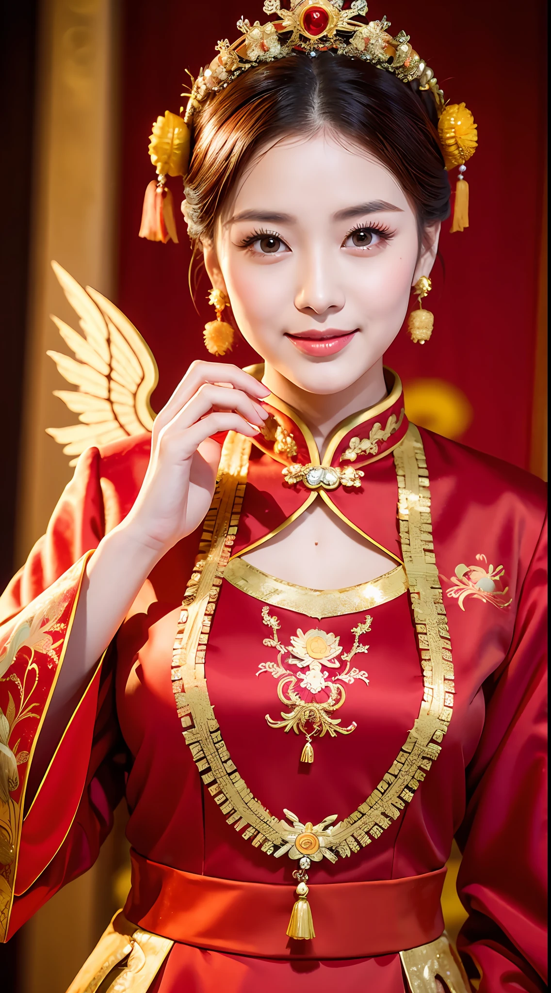 (8k, RAW Photo, Best Quality, Masterpiece: 1.2), (Realistic, Realistic: 1.37), 1 Girl, Woman in Red Dress and Headdress Posing for Photo, Gorgeous Role Play, Beautiful Costume, Chinese Dress, Complex Dress, Complex Costume, Traditional Beauty, Gorgeous Chinese Model, Chinese Costume, Wearing Gorgeous Costume, Wearing Elegant Chinese Xiuhe Dress, Chinese Wedding Dress, Phoenix Crown Xia Hanging, Antique Bride, Xiuhe Costume, Close Up, Wearing Phoenix Crown, Smile, No Watermark, Dragon and phoenix embroidered dress