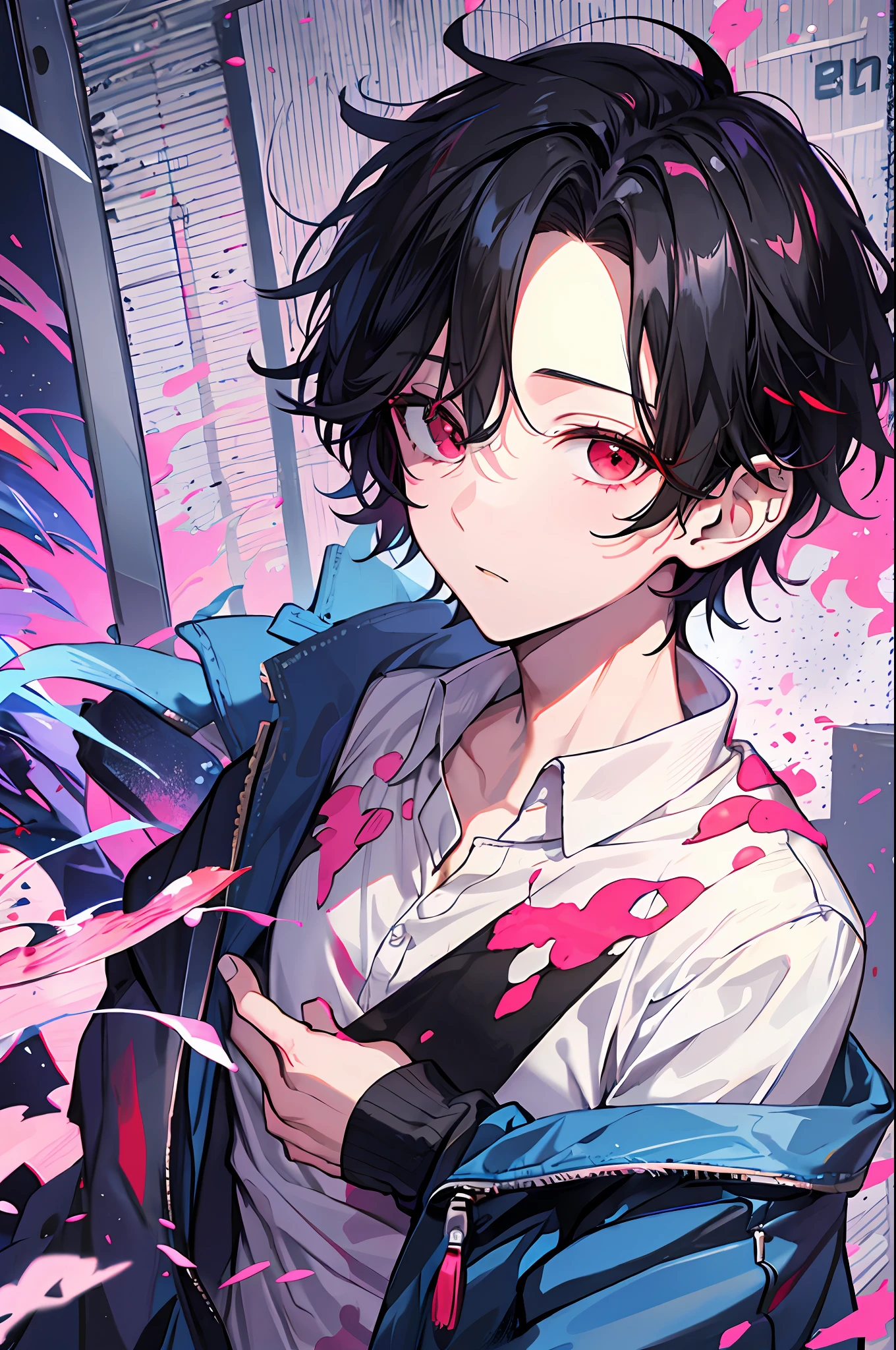 1 boy, handsome boy, black hair, comma hair, forehead comma hair, korean hair, Red eyes, pink and blue splash, looking at viewer, upper body