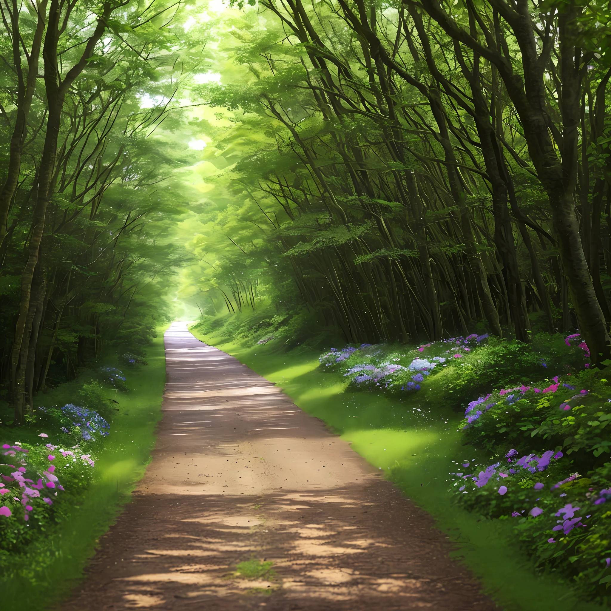 Road in the Forest,flower,lover walk face to face,