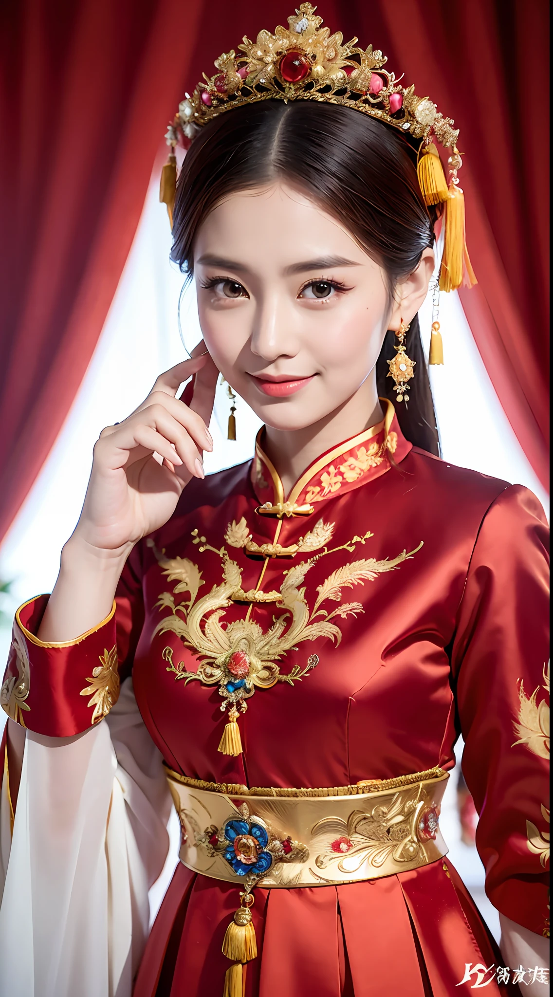 (8k, RAW Photo, Best Quality, Masterpiece: 1.2), (Realistic, Realistic: 1.37), 1 Girl, Woman in Red Dress and Headdress Posing for Photo, Gorgeous Role Play, Beautiful Costume, Chinese Dress, Complex Dress, Complex Costume, Traditional Beauty, Gorgeous Chinese Model, Chinese Costume, Wearing Gorgeous Costume, Wearing Elegant Chinese Xiuhe Dress, Chinese Wedding Dress, Phoenix Crown Xia Hanging, Antique Bride, Xiuhe Costume, Close Up, Wearing Phoenix Crown, Smile, No Watermark, Dragon and phoenix embroidered dress