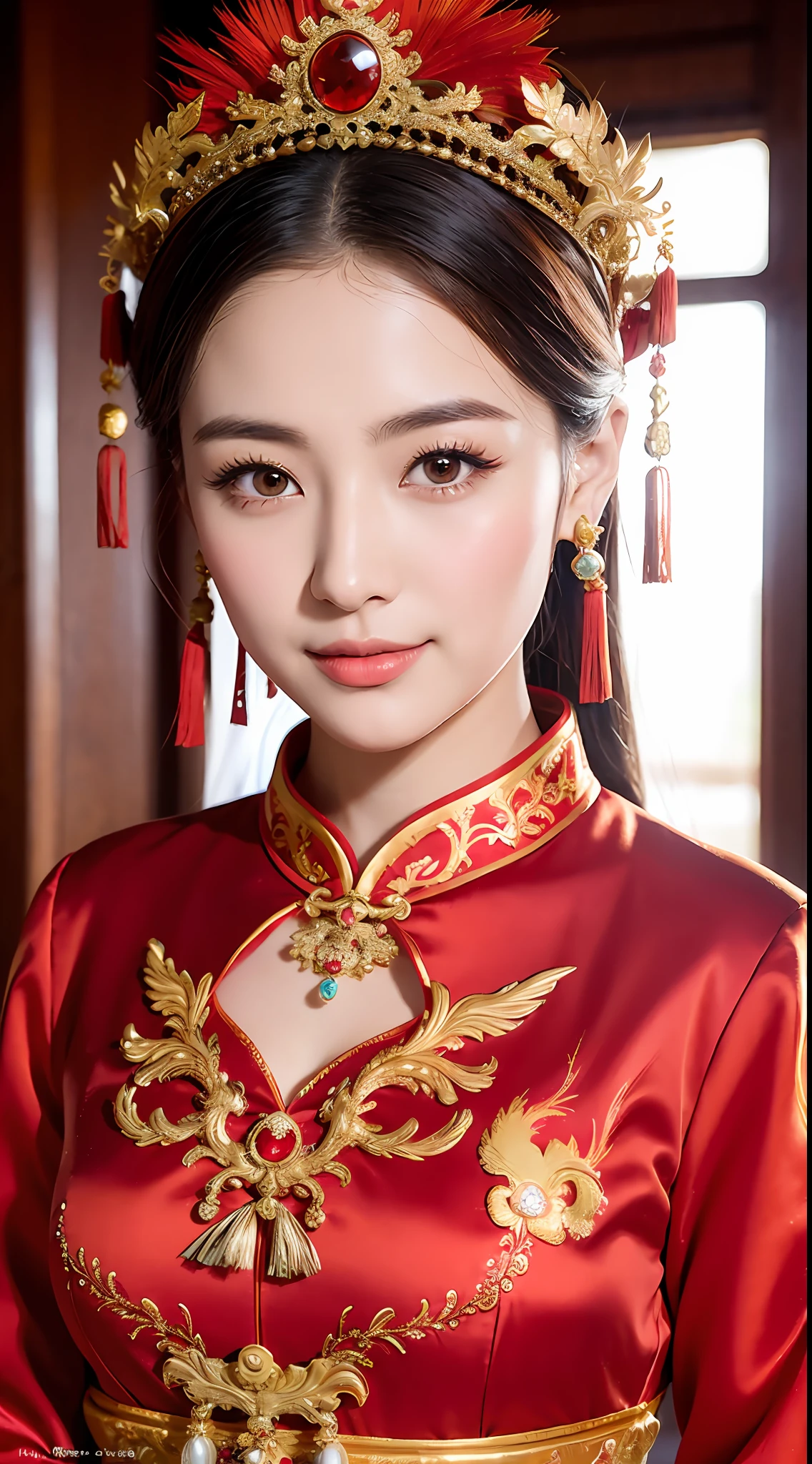 (8k, RAW Photo, Best Quality, Masterpiece: 1.2), (Realistic, Realistic: 1.37), 1 Girl, Woman in Red Dress and Headdress Posing for Photo, Gorgeous Role Play, Beautiful Costume, Chinese Dress, Complex Dress, Complex Costume, Traditional Beauty, Gorgeous Chinese Model, Chinese Costume, Wearing Gorgeous Costume, Wearing Elegant Chinese Xiuhe Dress, Chinese Wedding Dress, Phoenix Crown Xia Hanging, Antique Bride, Xiuhe Costume, Close Up, Wearing Phoenix Crown, Smile, No Watermark, Dragon and phoenix embroidered dress