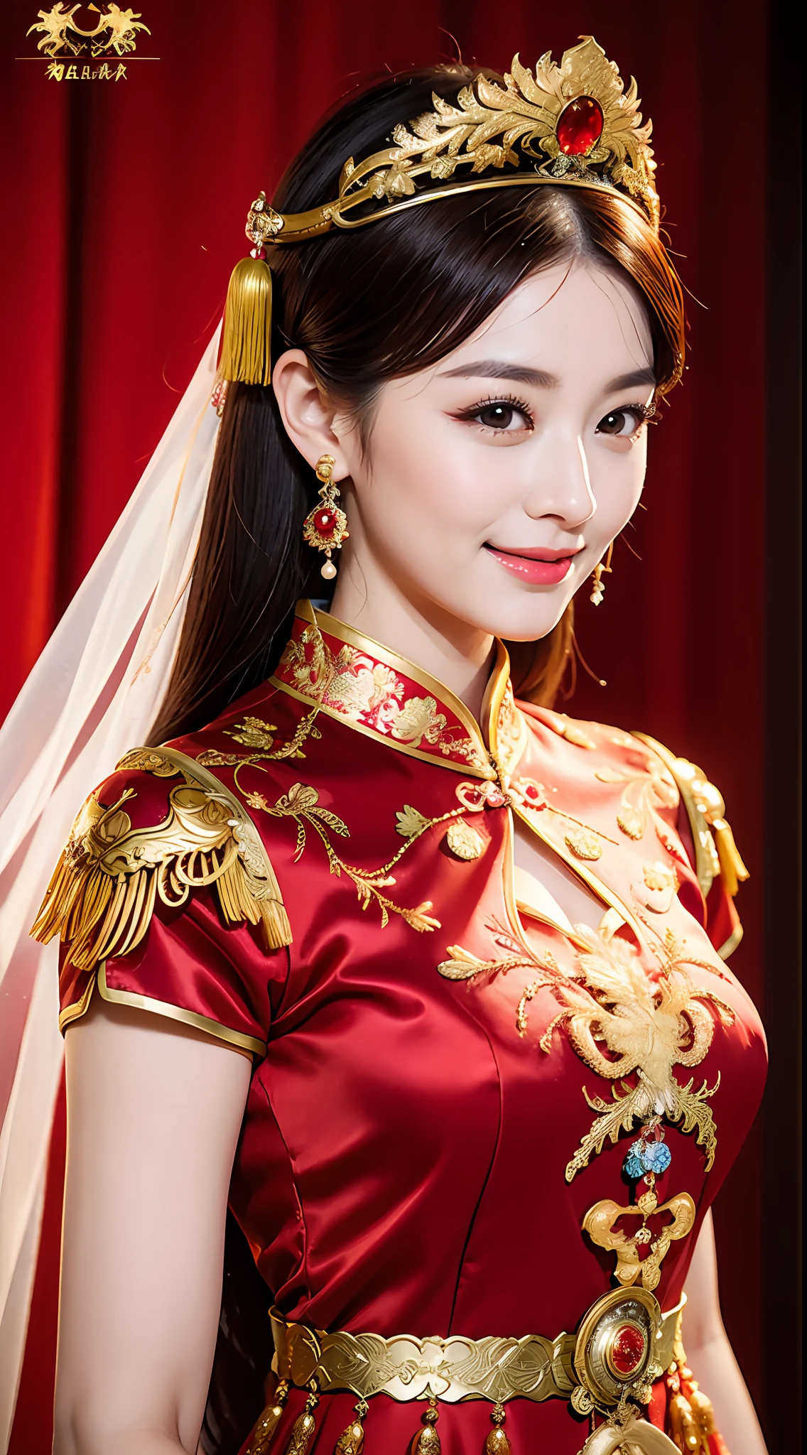 (8k, RAW Photo, Best Quality, Masterpiece: 1.2), (Realistic, Realistic: 1.37), 1 Girl, Woman in Red Dress and Headdress Posing for Photo, Gorgeous Role Play, Beautiful Costume, Chinese Dress, Complex Dress, Complex Costume, Traditional Beauty, Gorgeous Chinese Model, Chinese Costume, Wearing Gorgeous Costume, Wearing Elegant Chinese Xiuhe Dress, Chinese Wedding Dress, Phoenix Crown Xia Hanging, Antique Bride, Xiuhe Costume, Close Up, Wearing Phoenix Crown, Smile, No Watermark, Dragon and phoenix embroidered dress