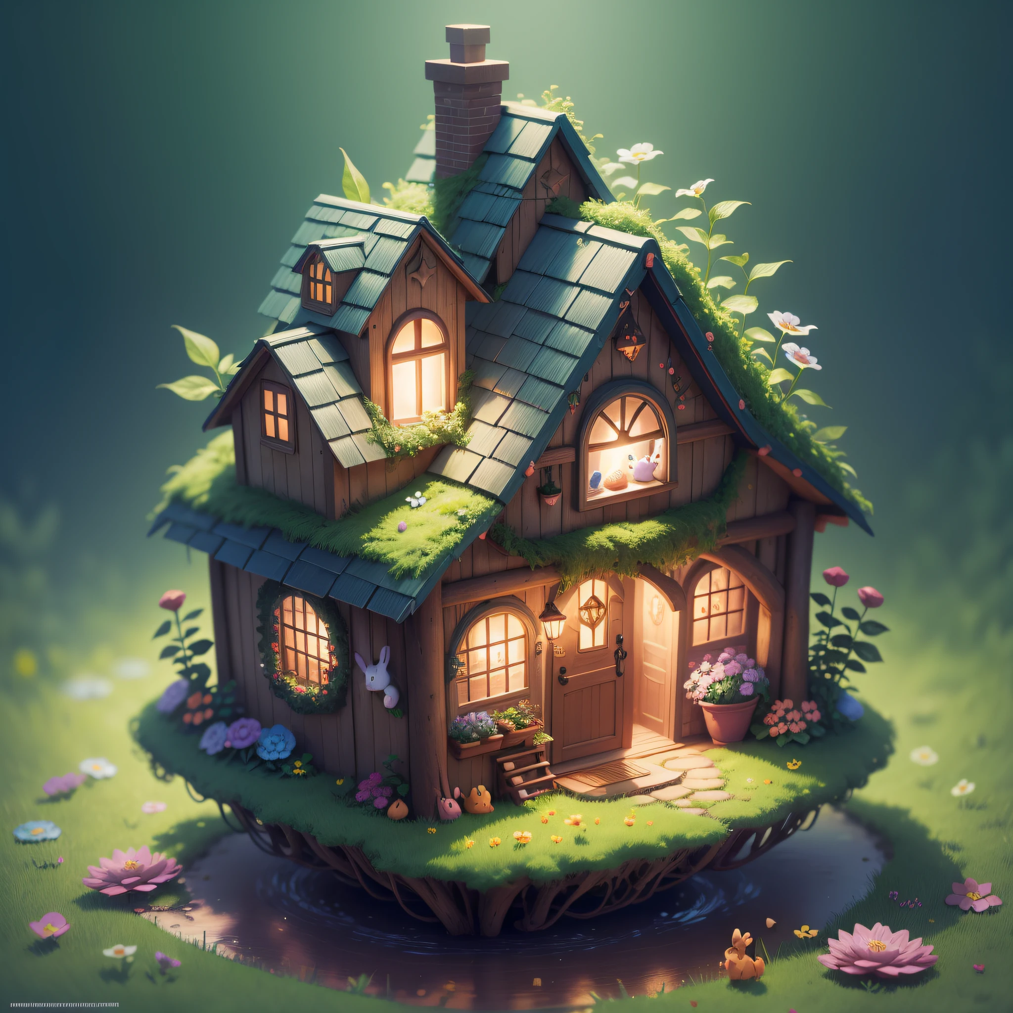 Magical forest, cute enchanted rabbit house, enchanted world, pixar style, illuminated flowers, cute bunnies playing, amazing colors, 4k