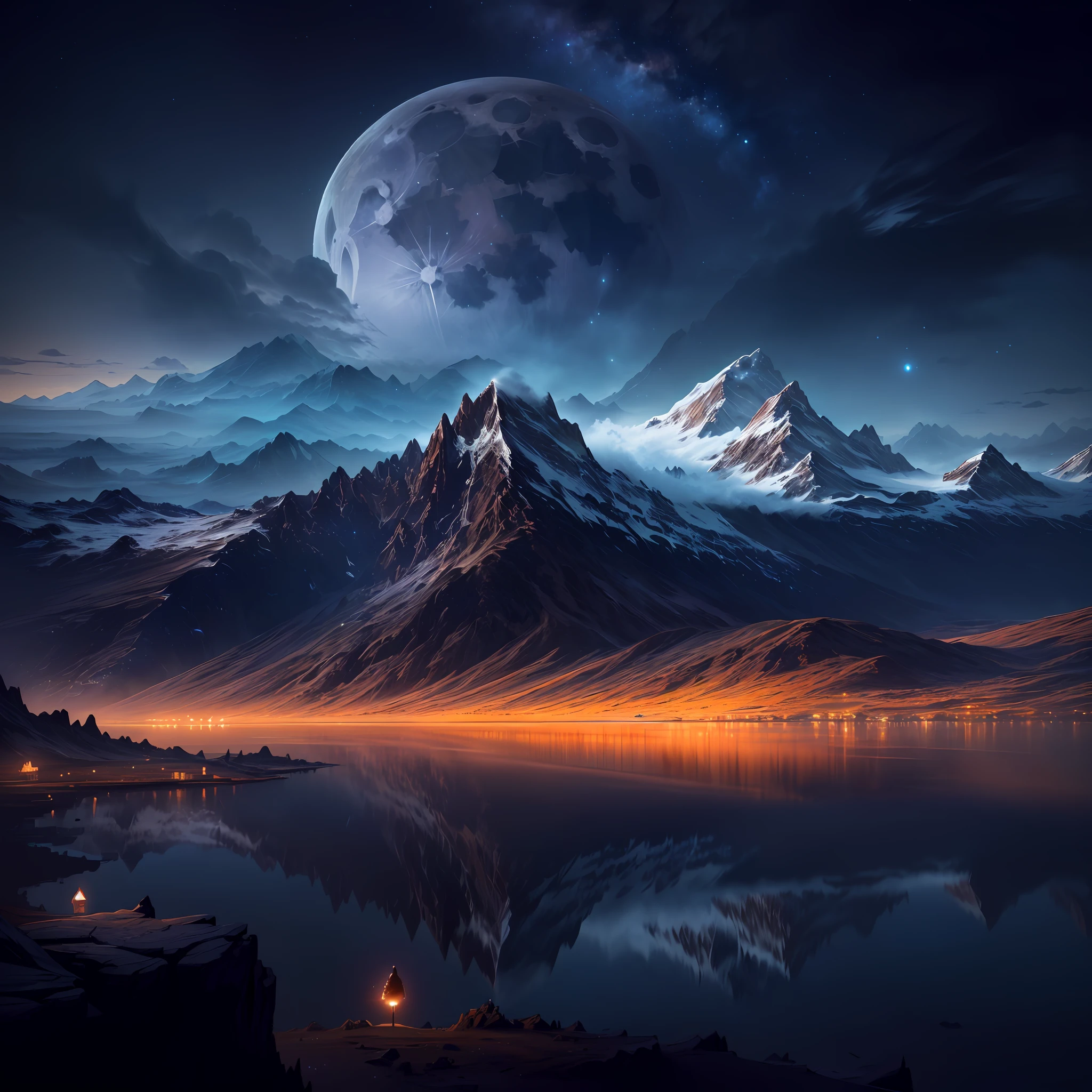 There is a man's back in the distance, mountains and lakes with the moon in the sky in the distance, 4K highly detailed digital art, 4K HD wallpaper very detailed, impressive fantasy landscape, sci-fi fantasy desktop wallpaper, Unreal Engine 4k wallpaper, 4k detailed digital art, sci-fi fantasy wallpaper, epic dream fantasy landscape, 4K HD matte digital painting, 8K stunning artwork