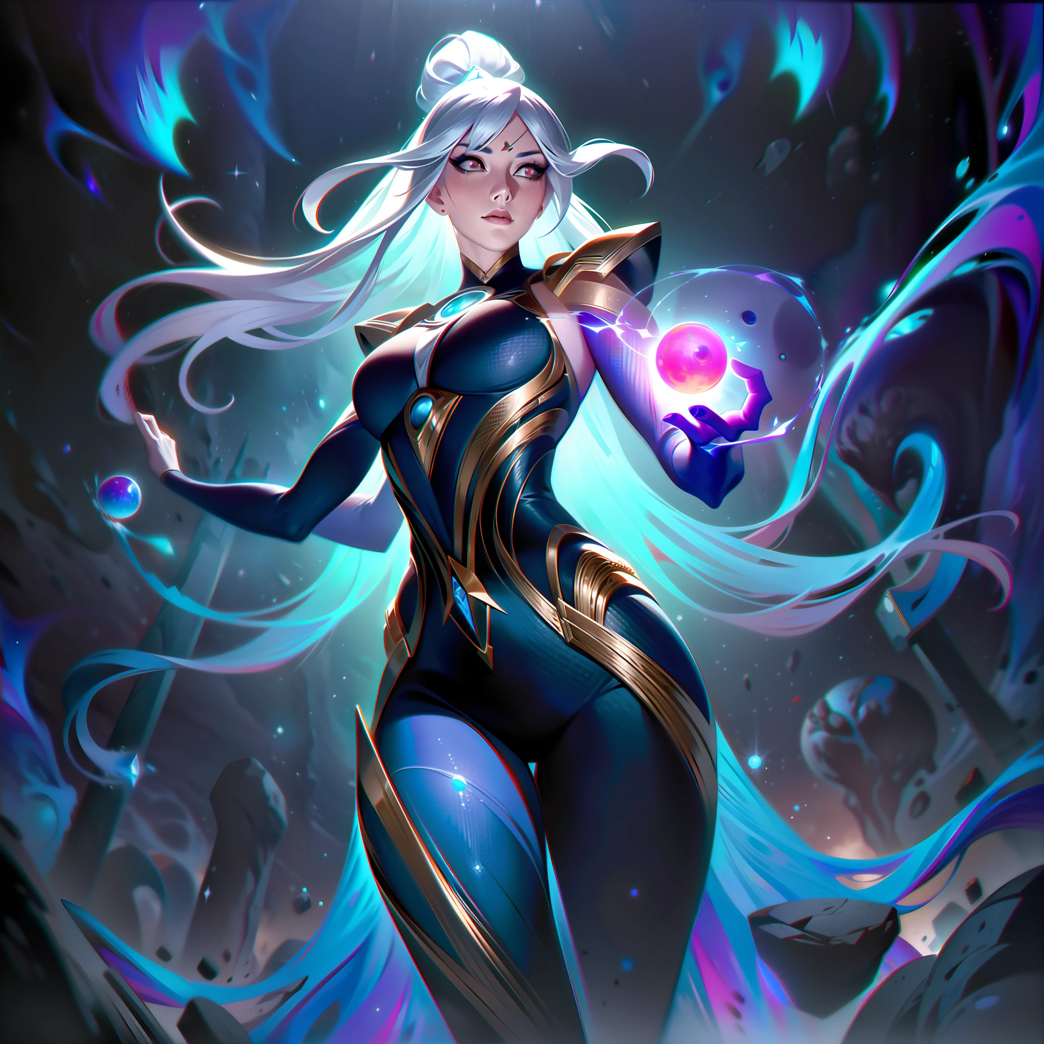 Astrid, the Graviton Slinger, is depicted in her splashart as a powerful and enigmatic force, wielding her gravitational manipulation abilities with mastery. The scene takes place in a celestial realm, where stars and cosmic energy illuminate the vastness of space.

Astrid possesses an otherworldly beauty, with flowing silver-white hair that seems to shimmer with the brilliance of distant stars. Her skin has a faint celestial glow, radiating with the power she commands. She wears a sleek, futuristic suit adorned with intricate patterns that resemble constellations and gravitational fields. The suit hugs her figure, emphasizing her strength and agility.

In the center of her palms, Astrid generates orbs of gravitational energy, each pulsating with vibrant hues of purple and blue. These energy orbs form the foundation for her gravitational abilities. Surrounding her, smaller orbs and filaments of energy spin and orbit, representing the gravitational fields she creates and manipulates.

Astrid's eyes emit an intense, piercing gaze, glowing with the same gravitational energy that courses through her. Her expression conveys both focus and determination, revealing her unwavering control over the forces she wields.

The backdrop of the splashart showcases the vast expanse of space, filled with distant galaxies and nebulae. Ethereal strands of gravitational energy weave through the cosmos, forming intricate patterns and connecting celestial bodies. The scene creates a sense of awe and wonder, as Astrid harnesses the fundamental forces of the universe.

The color palette is dominated by deep purples, blues, and blacks, reflecting the cosmic nature of Astrid's powers. The vibrant energy orbs stand out against the dark backdrop, adding a dynamic and captivating element to the splashart, splashart, linhas de corpo, cores vibrantes, detalhes requintados, cinematográfico, artstation, rosto detalhado, por rossdraws, por Kienan Laf