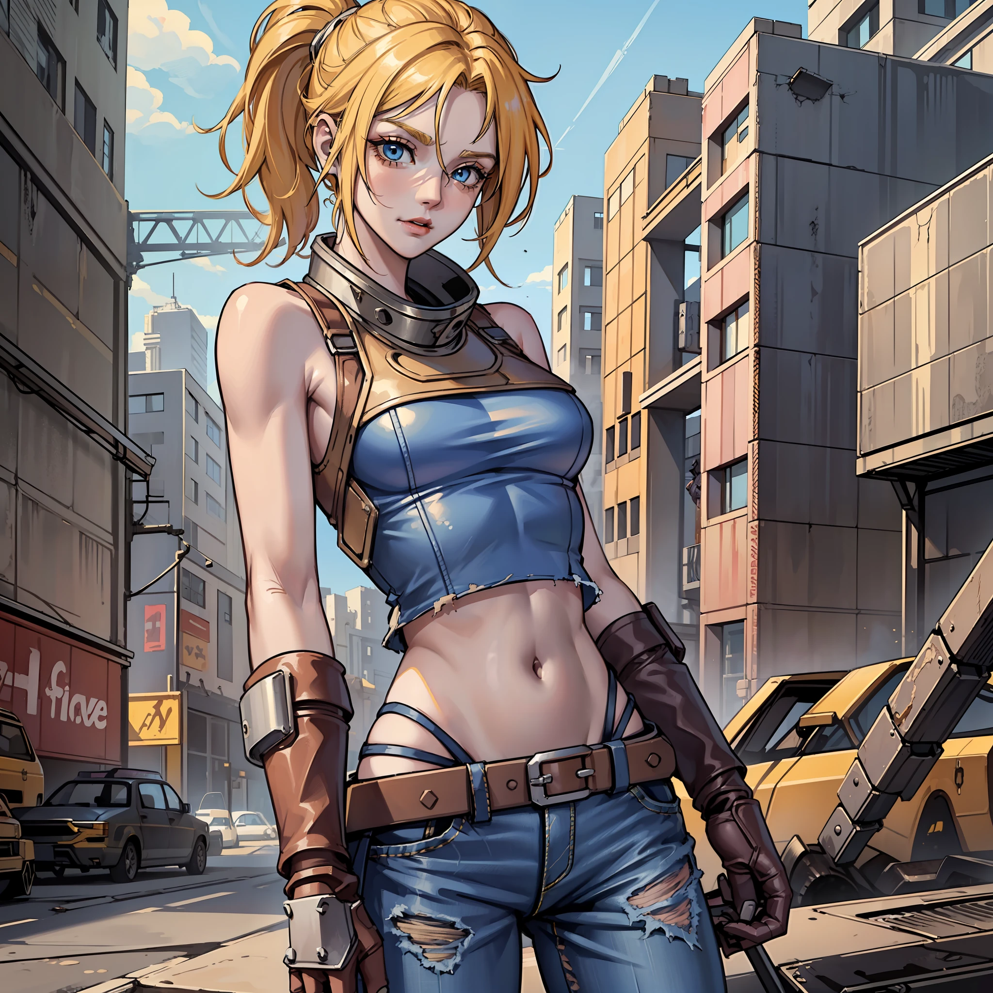 female, (sexy), yellow hair, (pink gradient of hair), blue eyes, (orange vest, wearing white lining), shabby clothes, ((revealing abdomen)), (belly tattoo), brown leather gloves on right hand, weapon in right hand, metal material, yellow, (rust), red shoulder blades (rusty, combat damage), (old texture of shoulder blade combat damage), left yellow robotic arm, (old combat damage feeling), jeans on the legs, (blue pants), (broken and old trousers), The surrounding items are made of rust, solo, super high resolution, best quality, realistic, character design, crazy Max universe, (dieselpunk style), utopia, white background.