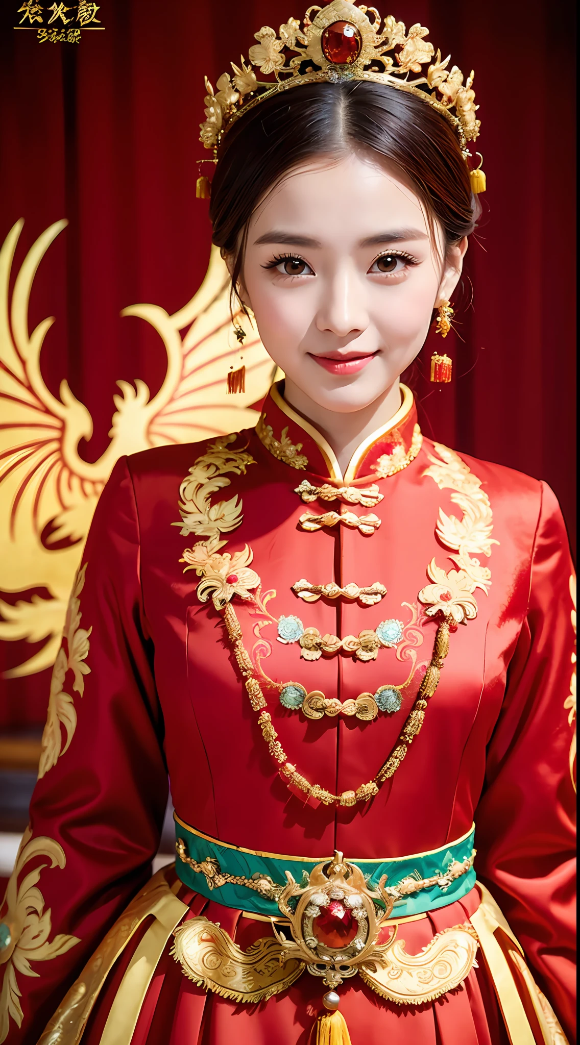 (8k, RAW Photo, Best Quality, Masterpiece: 1.2), (Realistic, Realistic: 1.37), 1 Girl, Woman in Red Dress and Headdress Posing for Photo, Gorgeous Role Play, Beautiful Costume, Chinese Dress, Complex Dress, Complex Costume, Traditional Beauty, Gorgeous Chinese Model, Chinese Costume, Wearing Gorgeous Costume, Wearing Elegant Chinese Xiuhe Dress, Chinese Wedding Dress, Phoenix Crown Xia Hanging, Antique Bride, Xiuhe Costume, Close Up, Wearing Phoenix Crown, Smile, No Watermark, Dragon and phoenix embroidered dress