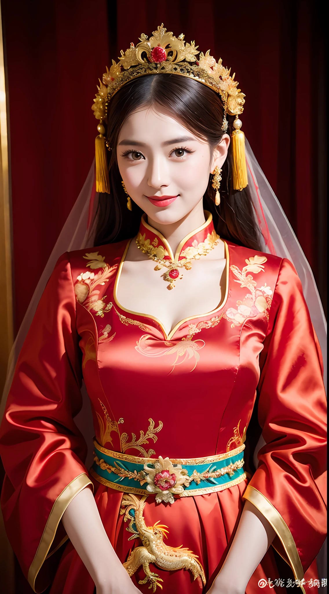 (8k, RAW Photo, Best Quality, Masterpiece: 1.2), (Realistic, Realistic: 1.37), 1 Girl, Woman in Red Dress and Headdress Posing for Photo, Gorgeous Role Play, Beautiful Costume, Chinese Dress, Complex Dress, Complex Costume, Traditional Beauty, Gorgeous Chinese Model, Chinese Costume, Wearing Gorgeous Costume, Wearing Elegant Chinese Xiuhe Dress, Chinese Wedding Dress, Phoenix Crown Xia Hanging, Antique Bride, Xiuhe Costume, Close Up, Wearing Phoenix Crown, Smile, No Watermark, Dragon and phoenix embroidered dress