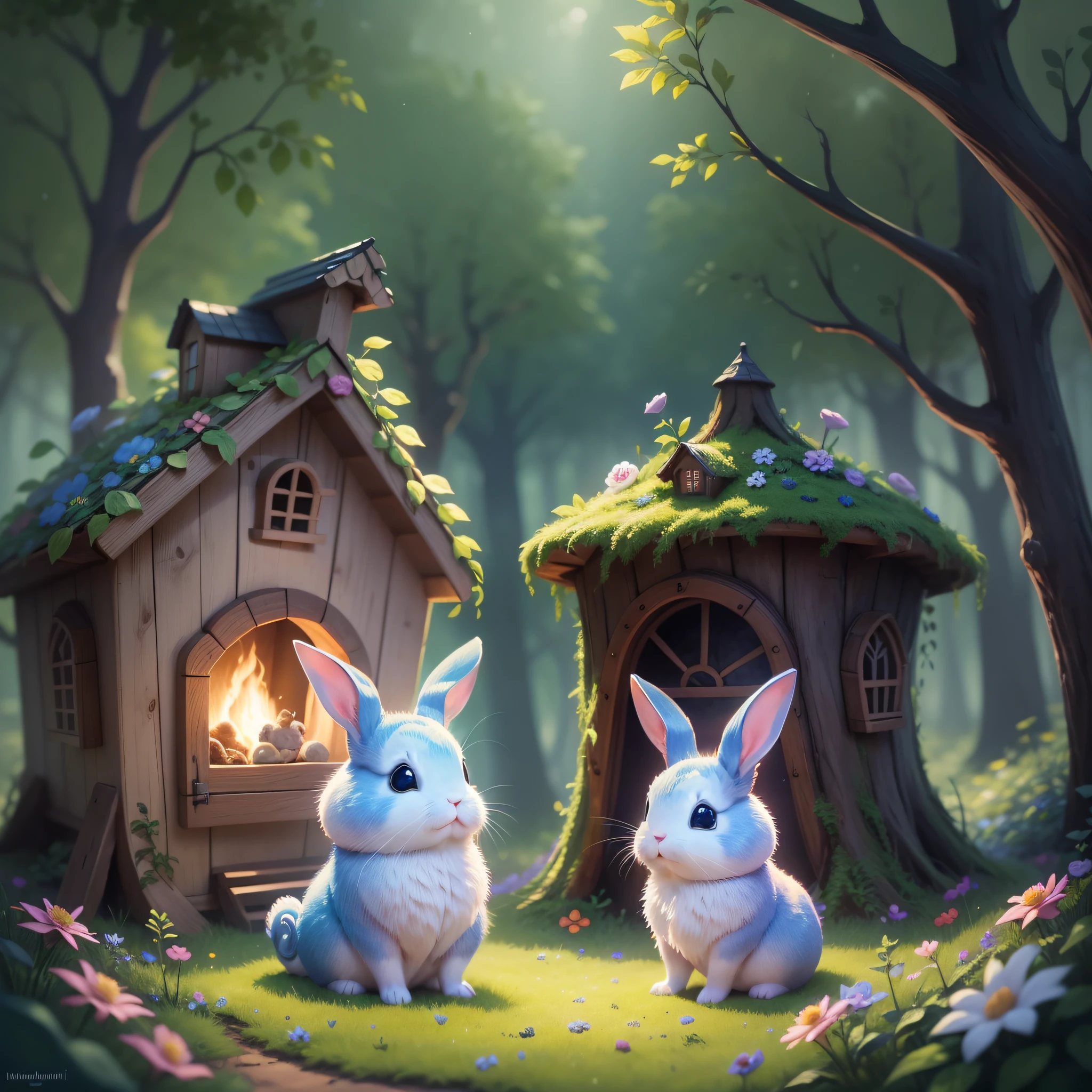 Magical forest, cute enchanted rabbit house, enchanted world, pixar style, illuminated flowers, cute bunnies playing, amazing colors, 4k