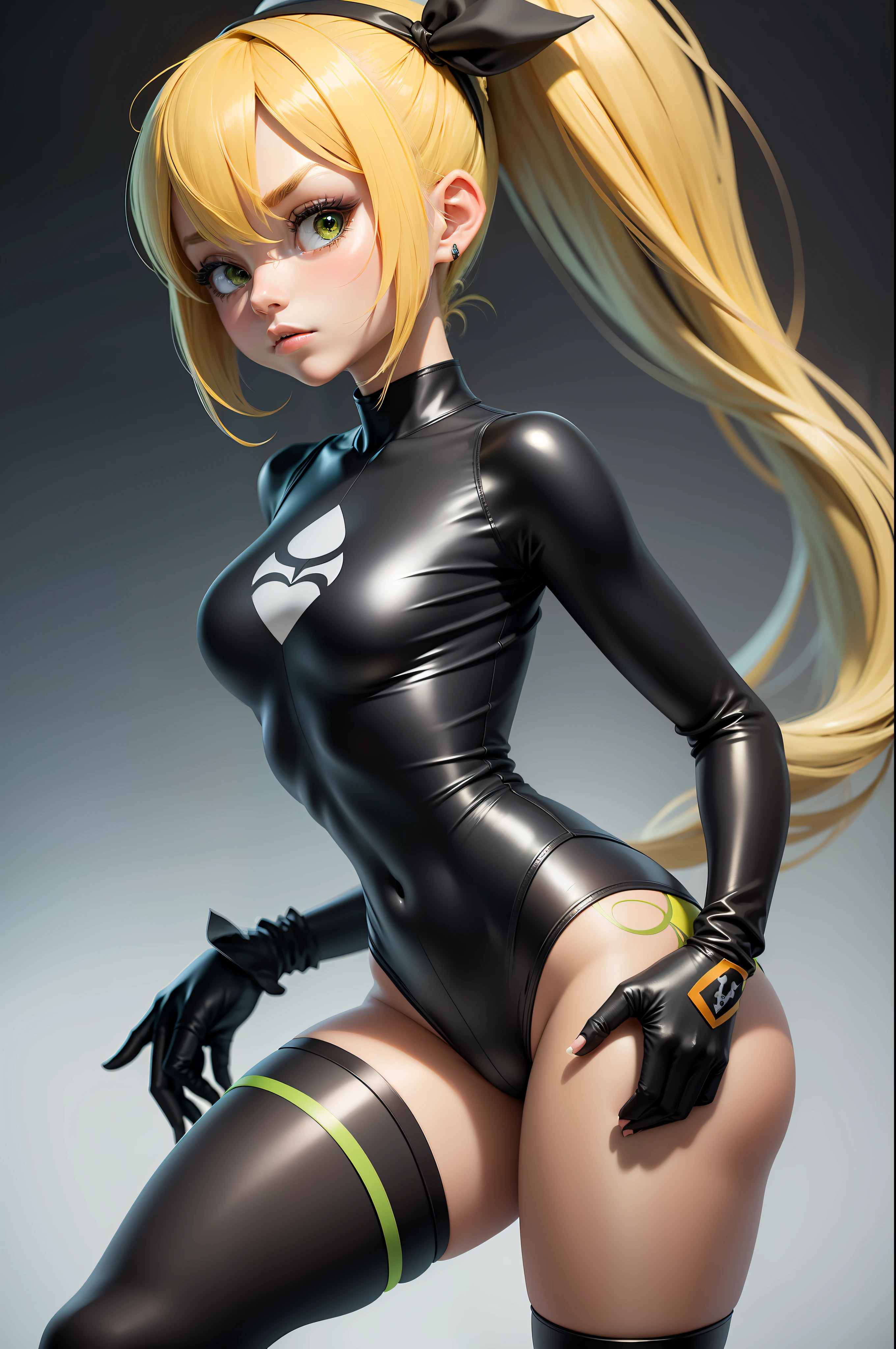 3dmm style, (masterpiece, best quality), intricate details, 1girl, solo, bea\(pokemon\), bow hair band, printed shirt, tied shirt, black bodysuit, bodysuit under clothes, single glove, print shorts, knee pads, barefoot, cowboy shot, looking to the side from the front, visible whole body, hands on waist, lime green and bramca clothing, blonde hair, mysterious look