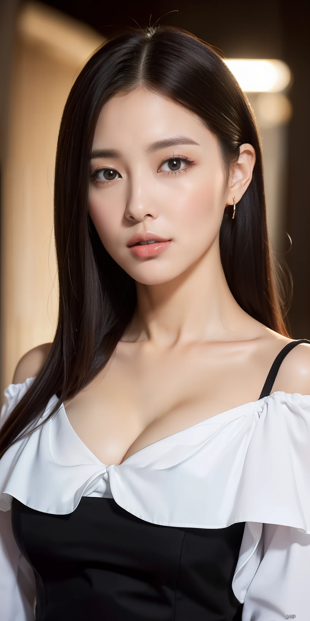 ((top quality, 8k, masterpiece: 1.3)), sharp focus: 1.2,1 perfect figure Pretty woman: 1.4, black hair, medium breasts, wearing a white blouse, highly detailed face and skin texture, detailed eyes, double eyelids, off-shoulder, cleavage
