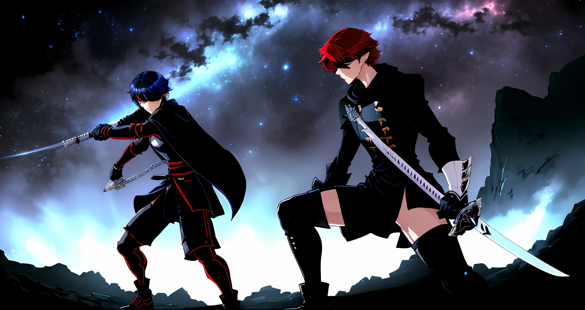 a young boy with white skin wearing a red jacket, swordsman style, swordsman, vibrant short and red hair (with shades of black), anime hair, anime hair, anime style, black boots (up to the knees), black clothes and black cape, round face, sexy body, fitness, blue eyes, extremely blue eyes, no glasses, strong color, shiny hair, light in the hair,  sword at the waist (black sword), menacing look, serious look, galactic environment, galaxy behind, starry sky, with blue spatial powers.