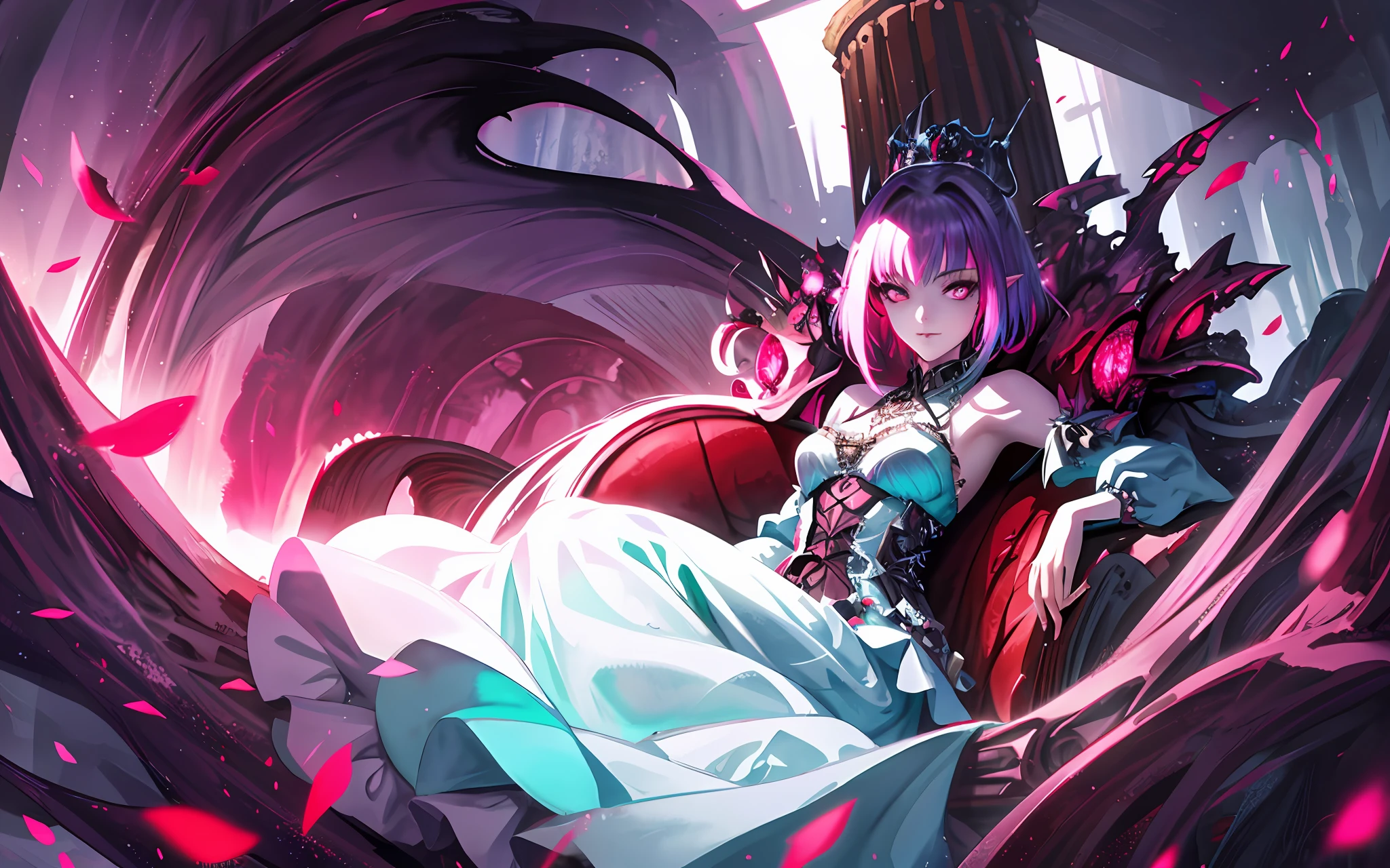 perfectly structured, (watercolor), digital illustration, anime style, dirty, the mysterious (princess of darkness:1.2), sitting on the void throne, chaos reign, evil, villainess, (delicate, sublime:1.2), beautiful beyond words, highly detailed, volumetric lighting, vibrant dark colors, vivid red, dynamic composition, sharp and crisp image, done in photoshop