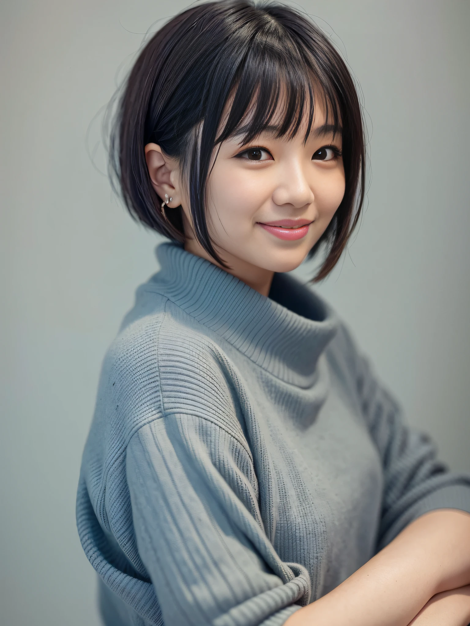 An asian woman with short bangs hairstyle, smiling at camera on gray background