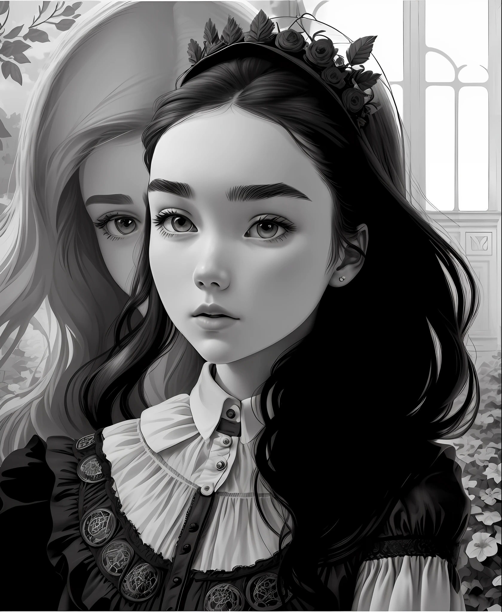 masterpiece, line art of a female character, Florence Pugh shocked expression, detailed country garden background, Art Deco designs,
style by double exposure, no shading, for coloring page, white space, no shadowing,