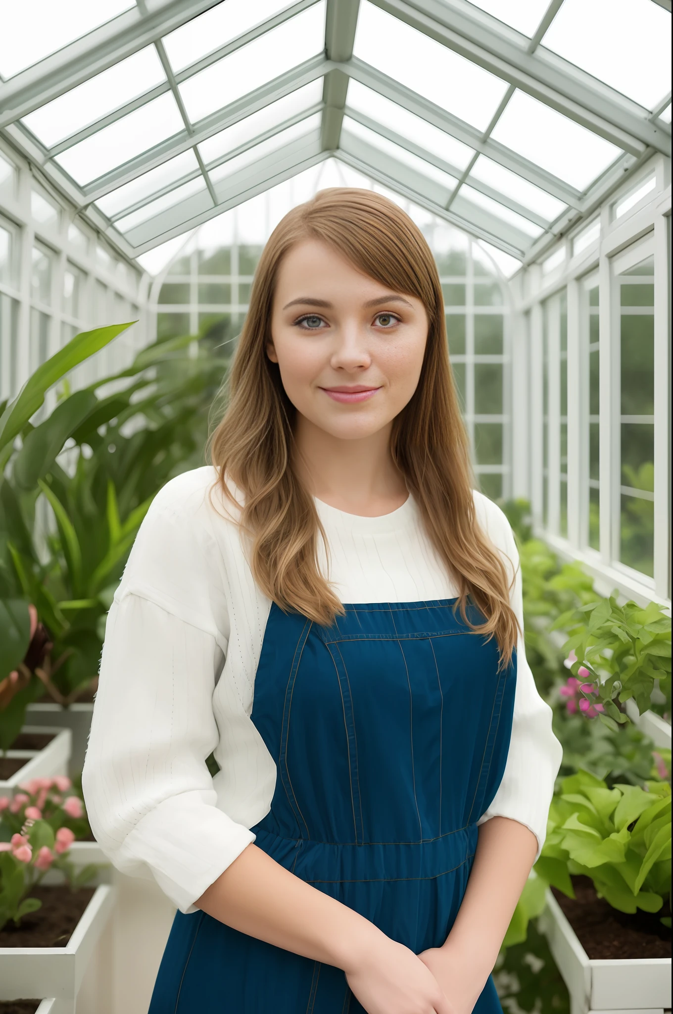 Photo of beautiful girl standing in the conservatory high image quality, 16k resolution, realistic, soft light, digital image, centered in frame, facing camera, symmetrical face, ideal human, 85mm lens,f8, photography, ultra details, natural light, light background, photo, Studio lighting