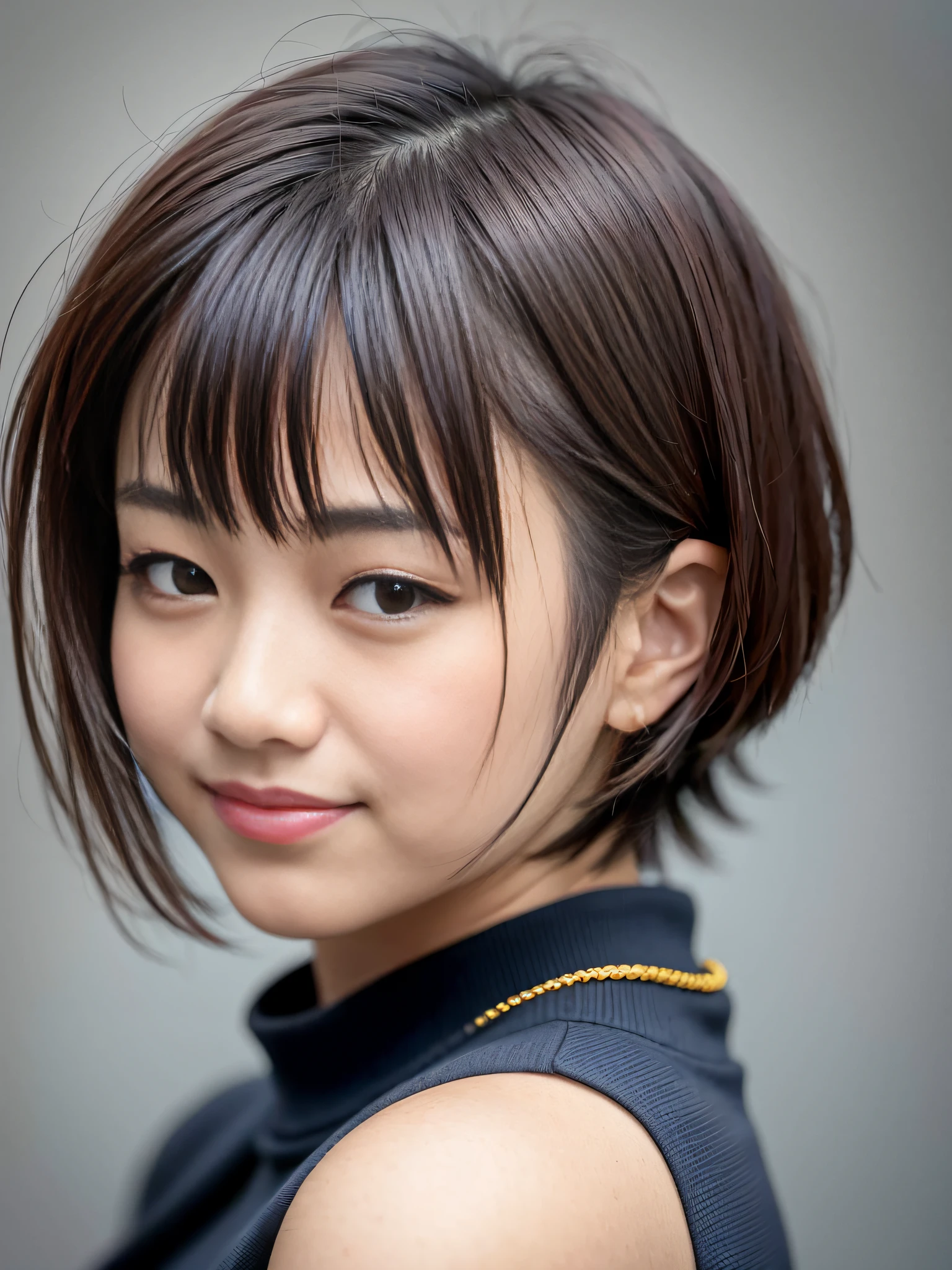 An asian woman with short bangs hairstyle, smiling at camera on gray background