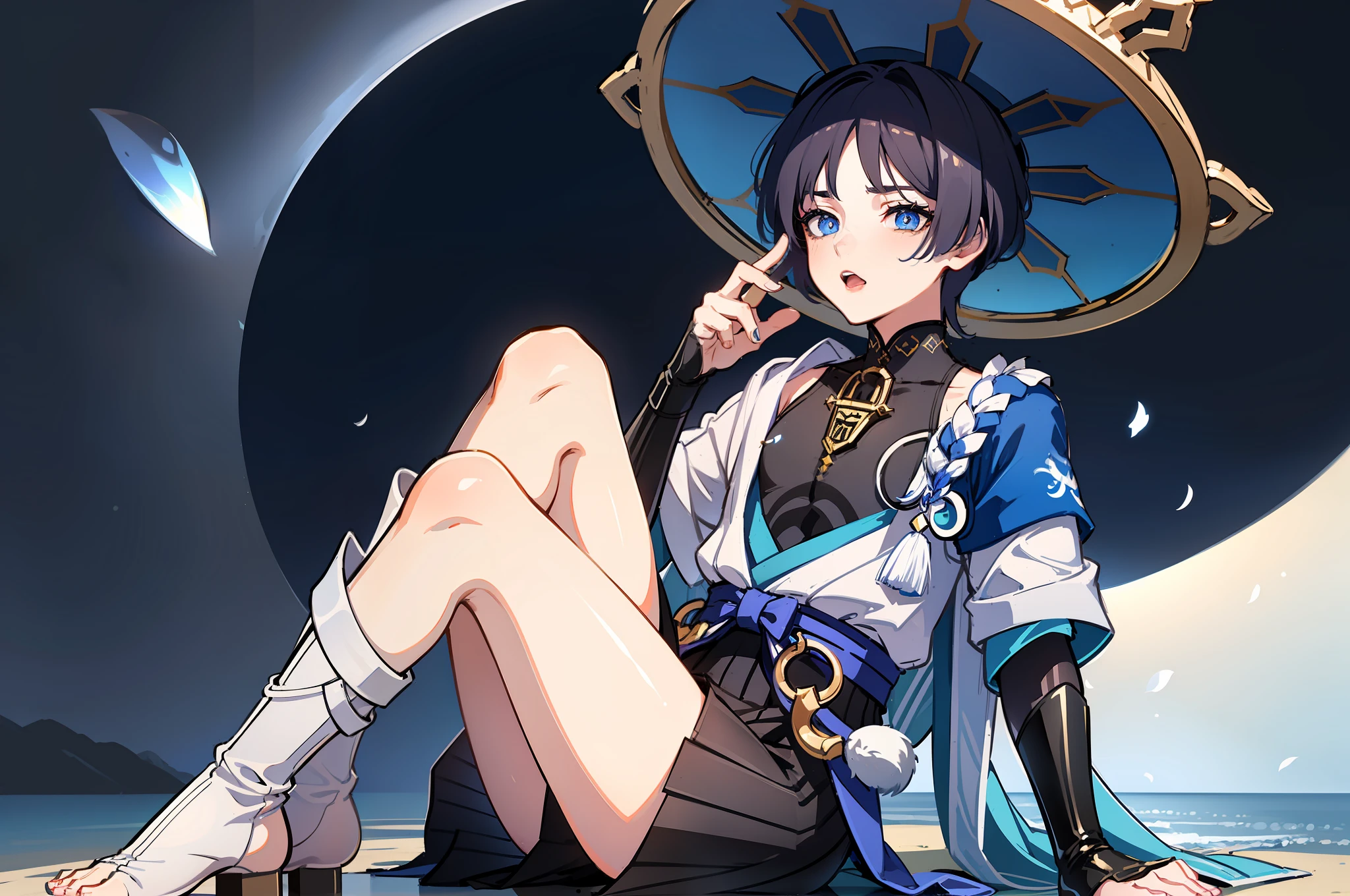 1 boy, 17 years old, tall, pale skin, completely dark blue eyes, ears like elves, glowing white tattoos all over, blue and white royal costume, sitting on a cloud, looking at the earth on the shoulder, sky in the background, detailed face, detailed hands, detailed legs, detailed fingers, detailed hair, detailed eyes, detailed skin, dynamic lighting, (super realistic), (photo realistic), (masterpiece), (best quality), (male focus: 1.5) (NSFW: 1.5), correct limbs, femboy, (ahegao:1.3), legs apart, legs raised, wanderer (Genshin)