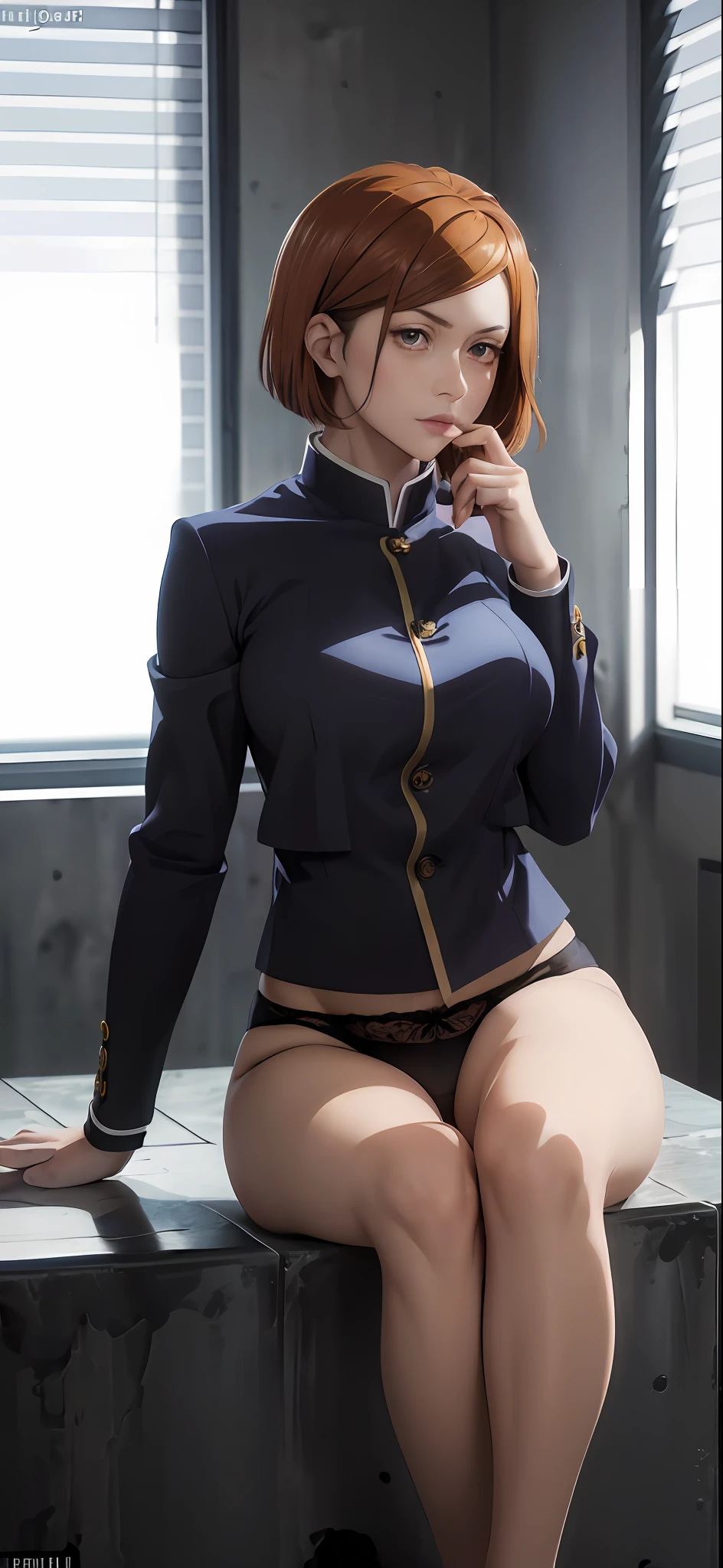 1girl,NSFW , ((masterpiece)) , ((jujutsu kaisen)) , ((kugisaki nobara)) , ((detailed art style)) , ((very detailed)) , ((finely detailed)) , ((beautiful girl)) , ((realistic )) , 20 years old, ((1girl)) , ((best quality)) , (8k cg wallpaper) , ((super cute and sexy)) , ((hyper beauty)) , ((super real)) , ((super detailed)) , (beautiful detailed glow) , high res, high saturation , (perfect anatomy) , ((beautiful detailed face)) , (blush ), (sexual perversion face) , ((beautiful brown short  hair), (beautiful detailed eyes), (beautiful detailed shading), (gradient eyes), (cute eyes), (brown eyes), (sexy mouth and lips), (shiny skin), (beautiful big breasts)) , high lights, ((perfect real arms)) , ((perfect real arms) 
 hands), ((delicate arms)), ((delicate hands)) , ((hand with five delicate fingers)) , ((beautiful five fingers))) , (simple finger shape) , ((perfect royal legs)) , ((beautiful legs)) , (school uniform) , (gakuran) , (black transparent panties) , sitting , open legs , wardrobe , blinds, exposed breasts, lascivious look, huge ass