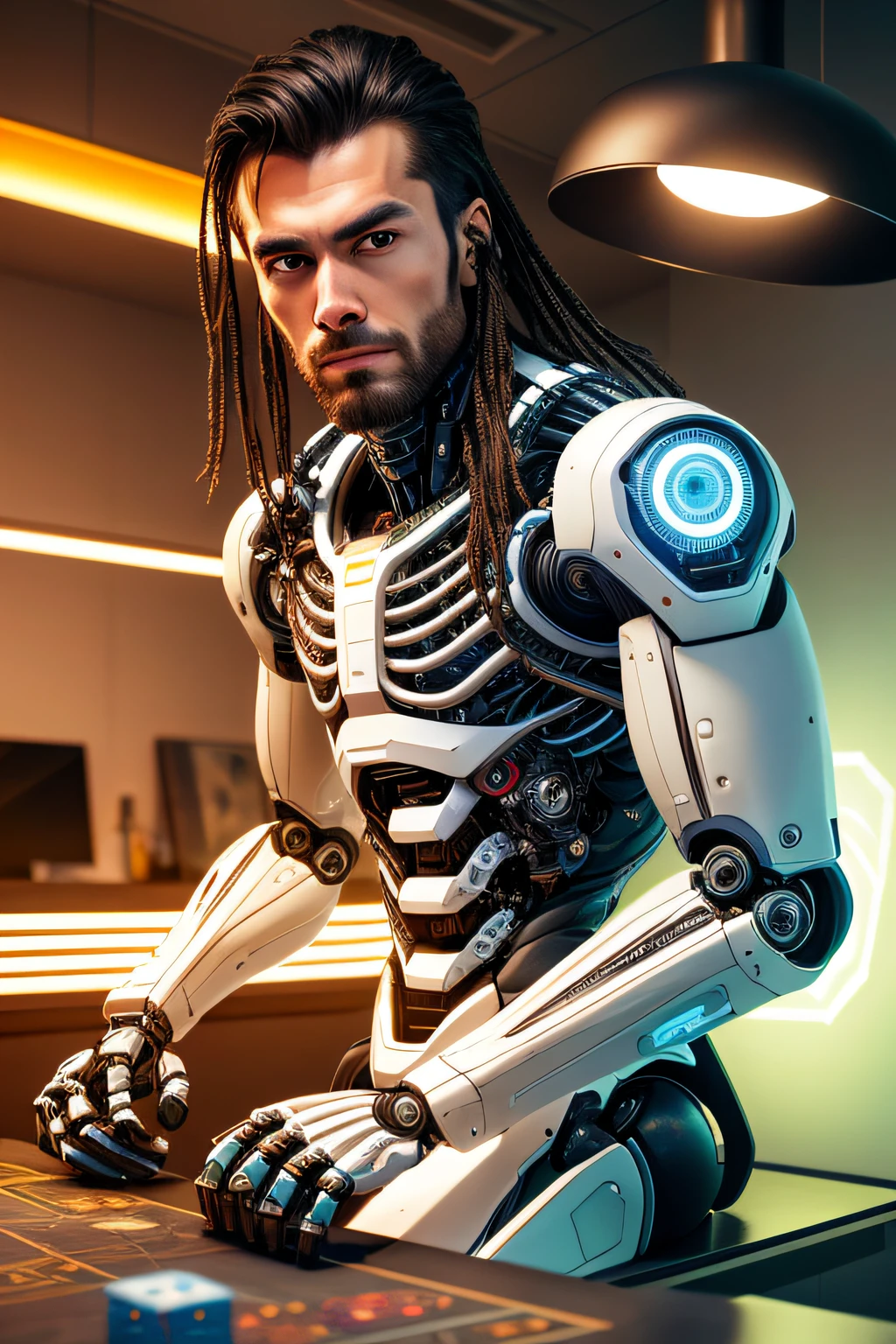 raw photograph, ultra detailed photrealistic, Handsome male robot face, tilt head,keep face,long hair,Asian, interrogative gaze, Poker face, original face, cyborg, robotic parts, techno lab background, rim light, vibrant details, luxurious cyberpunk, hyperrealistic, anatomical, microchip, elegant, H. R. Giger style, 8k, best quality, masterpiece, an extremely delicate and handsome, extremely detailed, (realistic, photo-realistic:1.37), incredibly absurdres, robot, full body, sitting