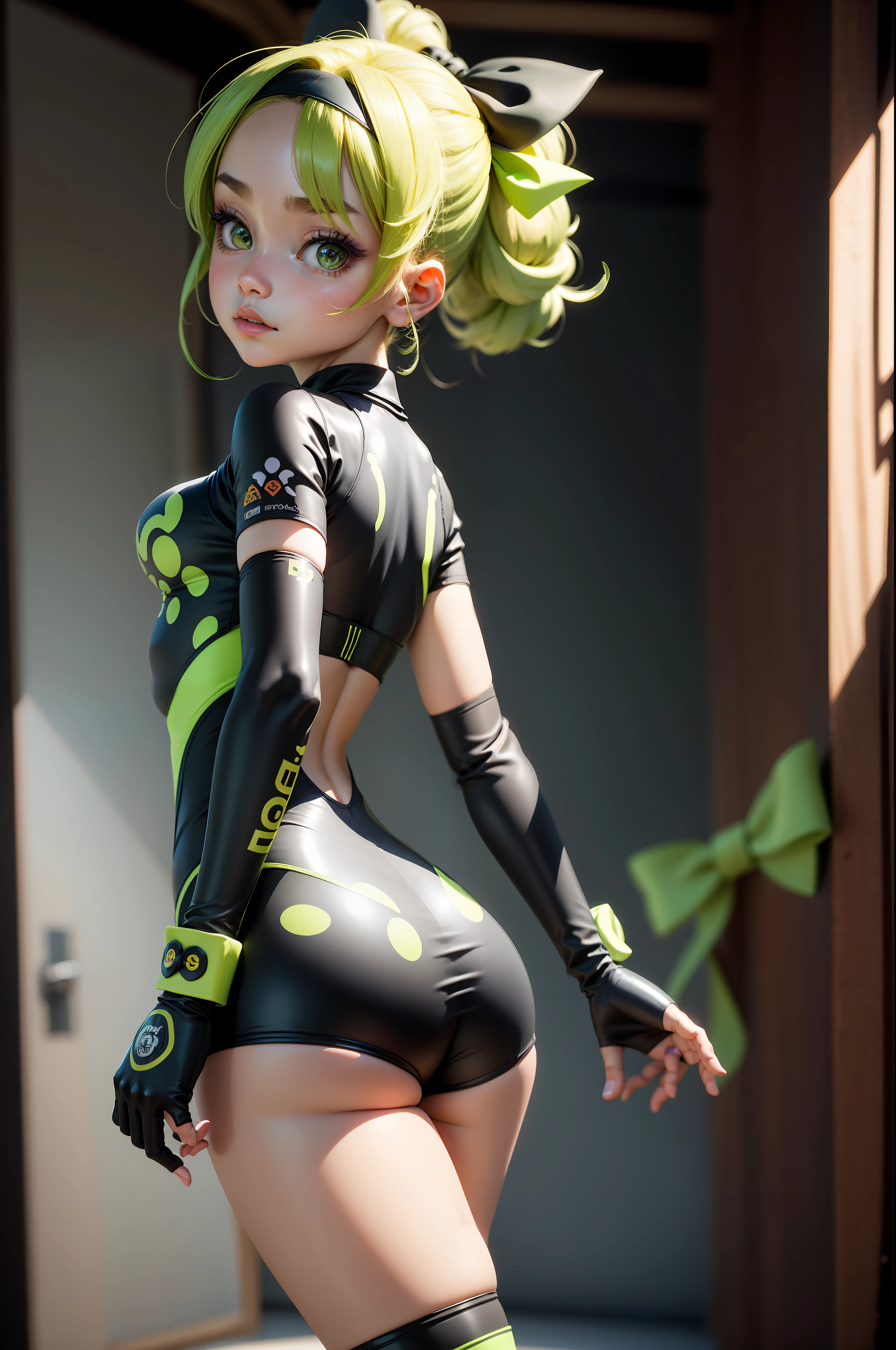 3dmm style, (masterpiece, best quality), intricate details, 1girl, solo, bea\(pokemon\), bow hair band, printed shirt, tied shirt, black bodysuit, bodysuit under clothes, single glove, print shorts, knee pads, barefoot, cowboy shot, looking at the viewer from behind, lime green clothing and bramca