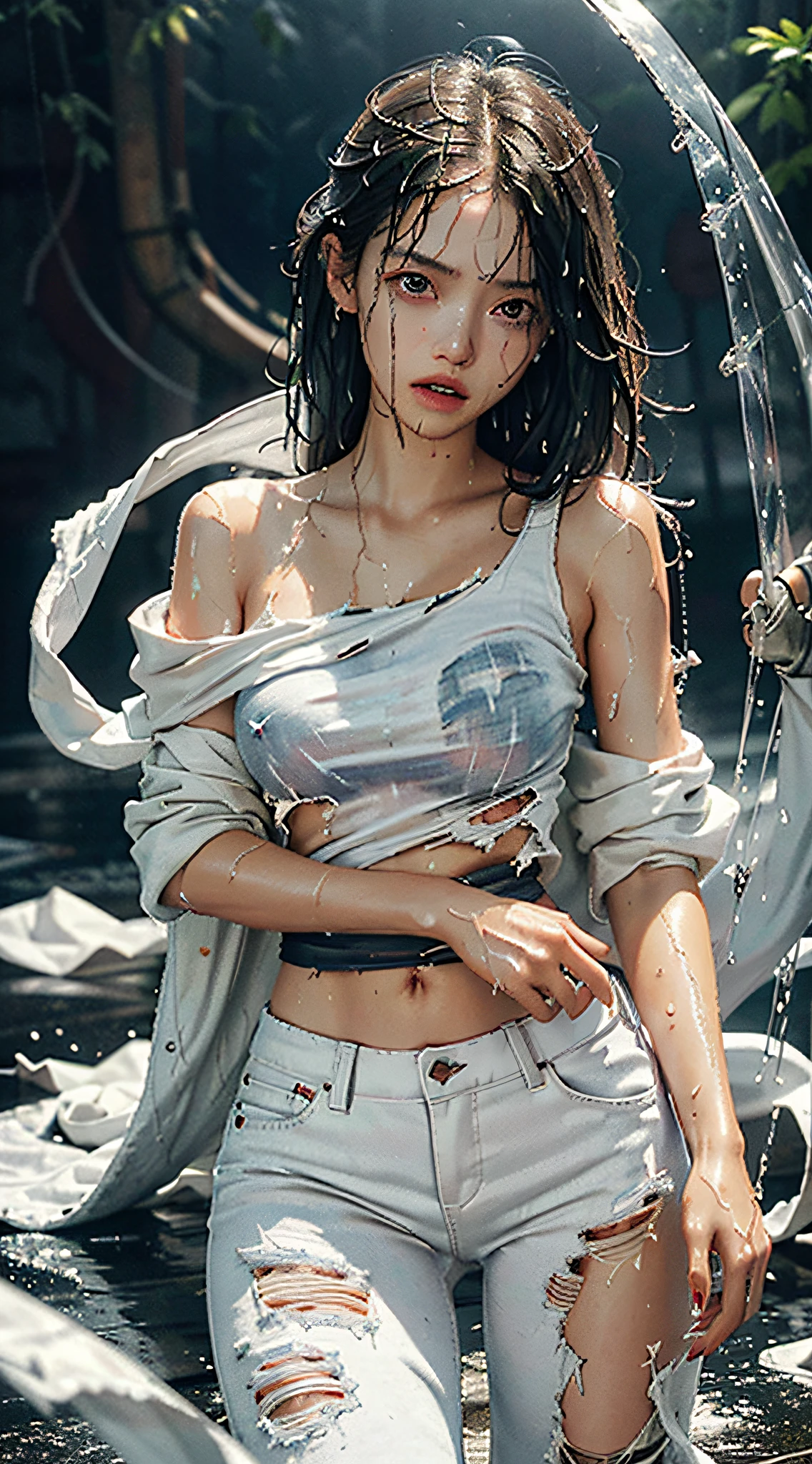 best image quality, masterpiece, super high resolution, (fidelity:1.4), photo, 1 girl, white shirt, torn jeans, white sneakers, dim, darkness, despair, pity, poor, movie, tears, teardrops, (torn clothes:1.5), (wet clothes:1.4), bare shoulders, real rain, wet hair,..