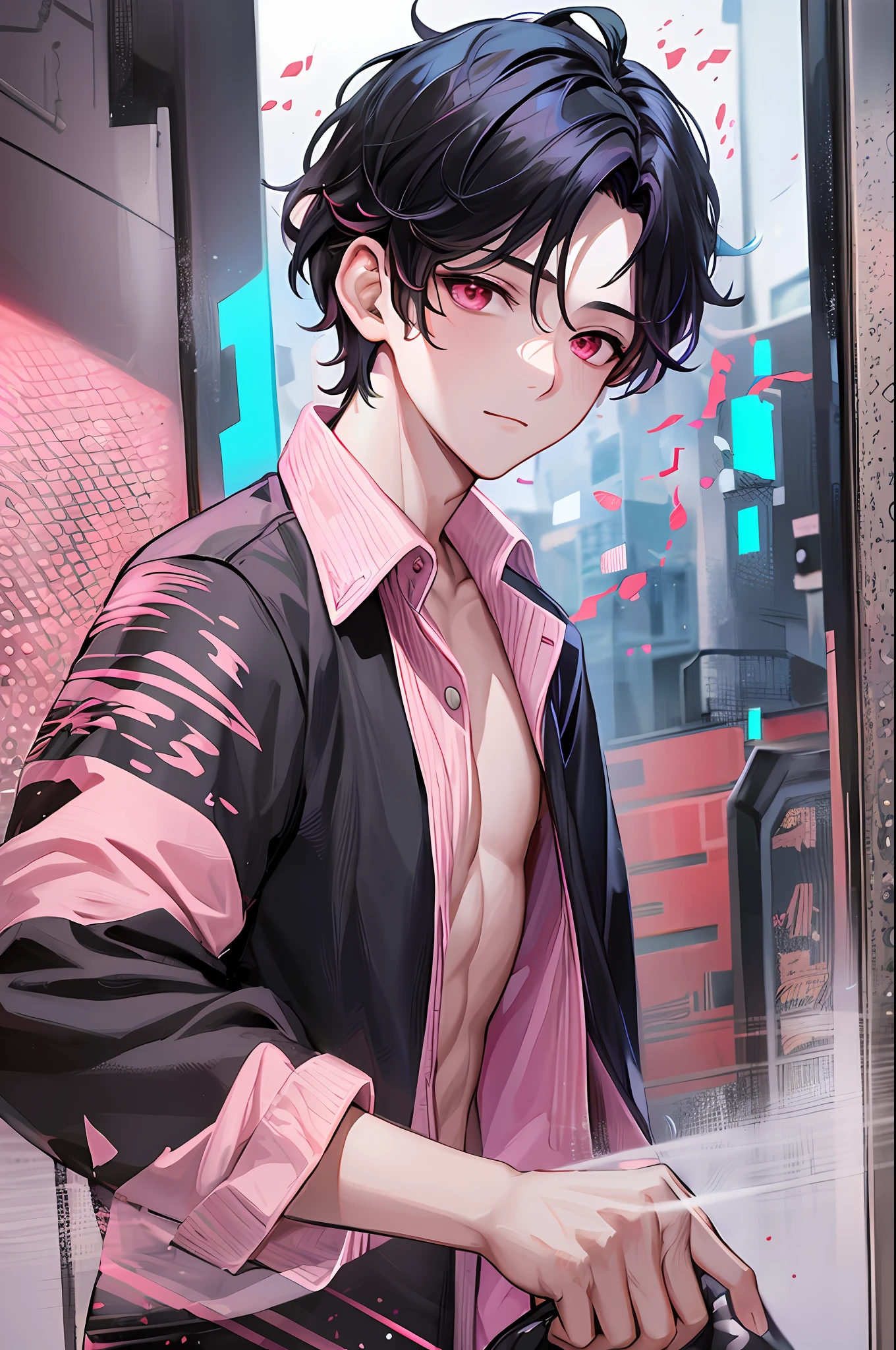 1 boy, handsome boy, black hair, comma hair, forehead comma hair, korean hair, Red eyes, pink and blue splash, looking at viewer, upper body
