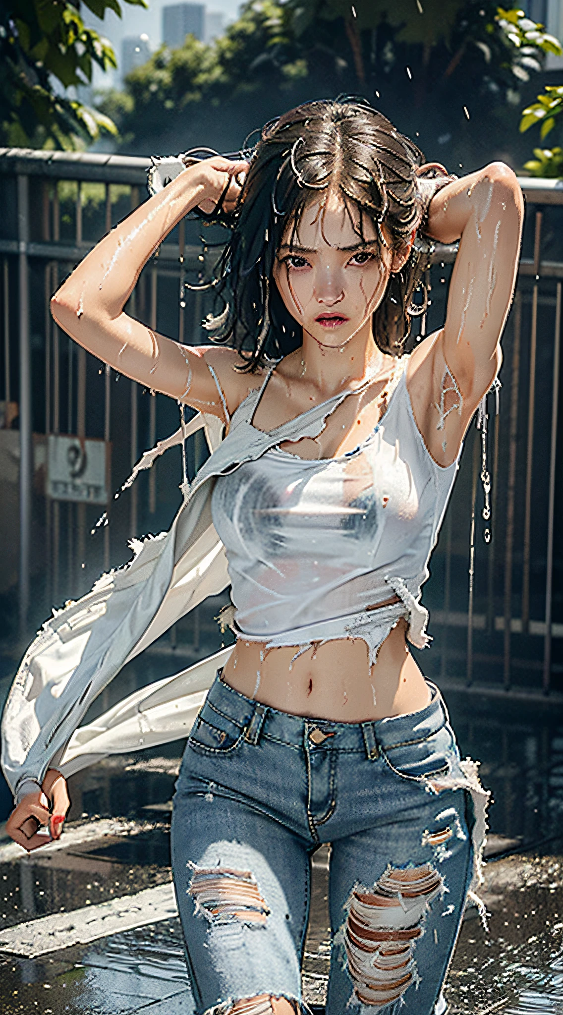 best image quality, masterpiece, super high resolution, (fidelity:1.4), photo, 1 girl, white shirt, torn jeans, white sneakers, dim, darkness, despair, pity, poor, movie, tears, teardrops, (torn clothes:1.5), (wet clothes:1.4), bare shoulders, real rain, wet hair,..