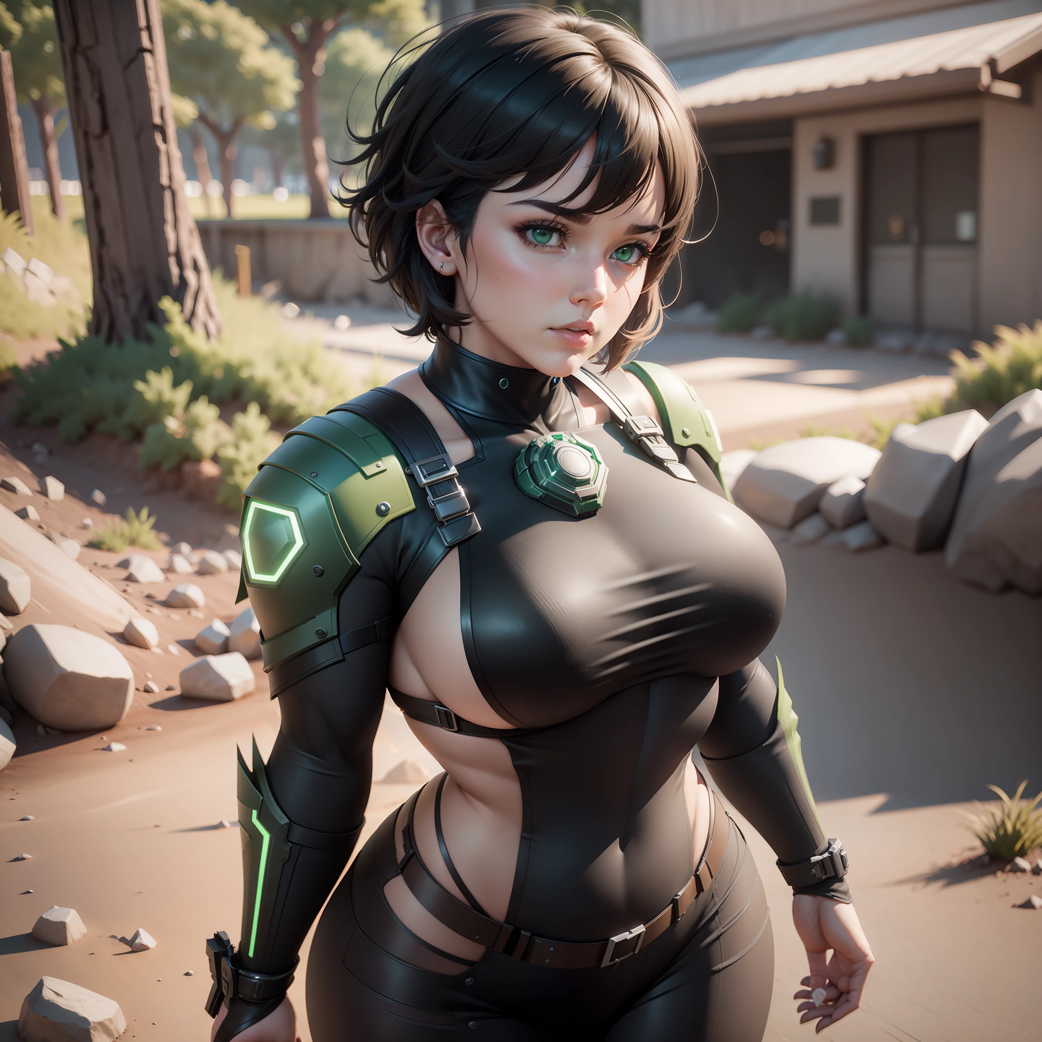 Girl with big body,thick thighs,short hair,green eyes,wind,detailed,3d,unreal engine 5 4k UHD image, unreal engine 5, unreal engine 5 tech demo, menacing. Unreal 5, Unreal Engine 5 Showcase, Unreal Engine 5 Demo, Unreal Engine 5 Detail, Cinematic Unreal Engine 5, Unreal Engine 5