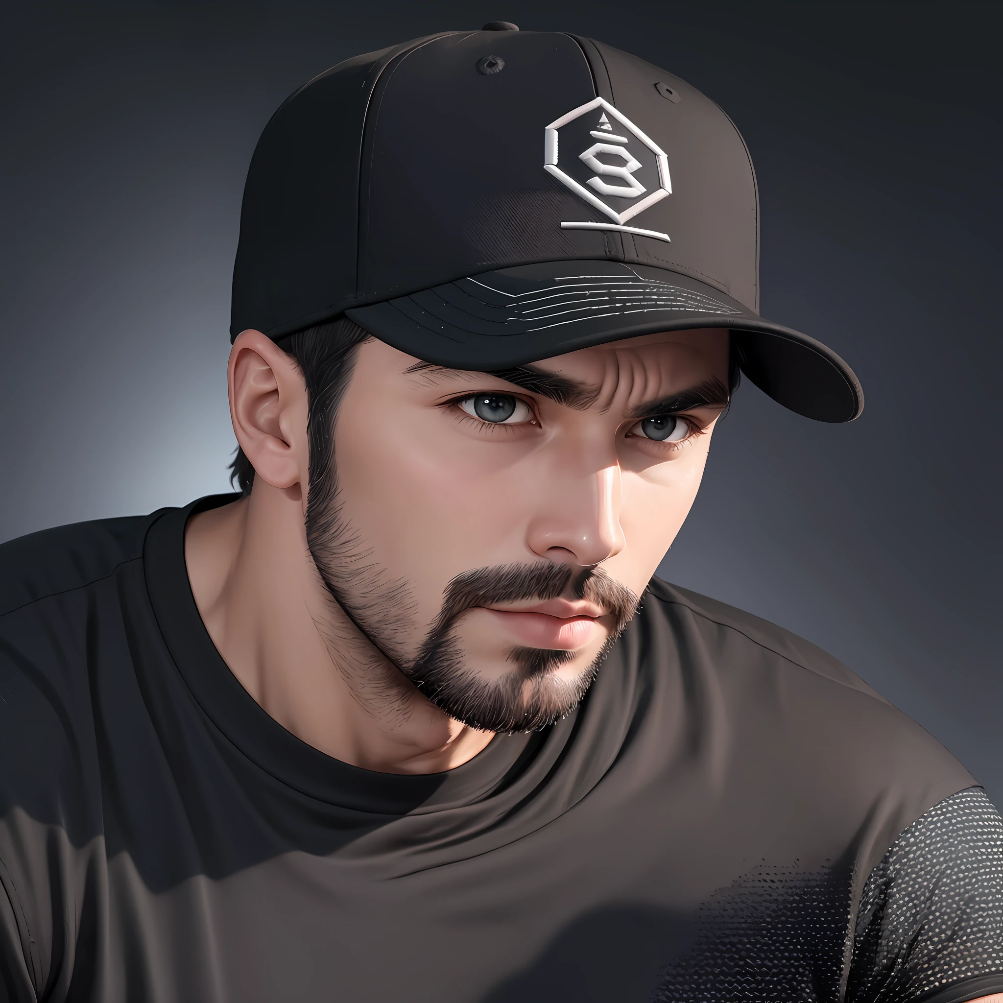 Man in his 30s, stubble, black baseball cap, cool patterned T-shirt, upper body, strong image face, short hair, 8K, dynamic wallpaper, very delicate, very dense --auto --s2