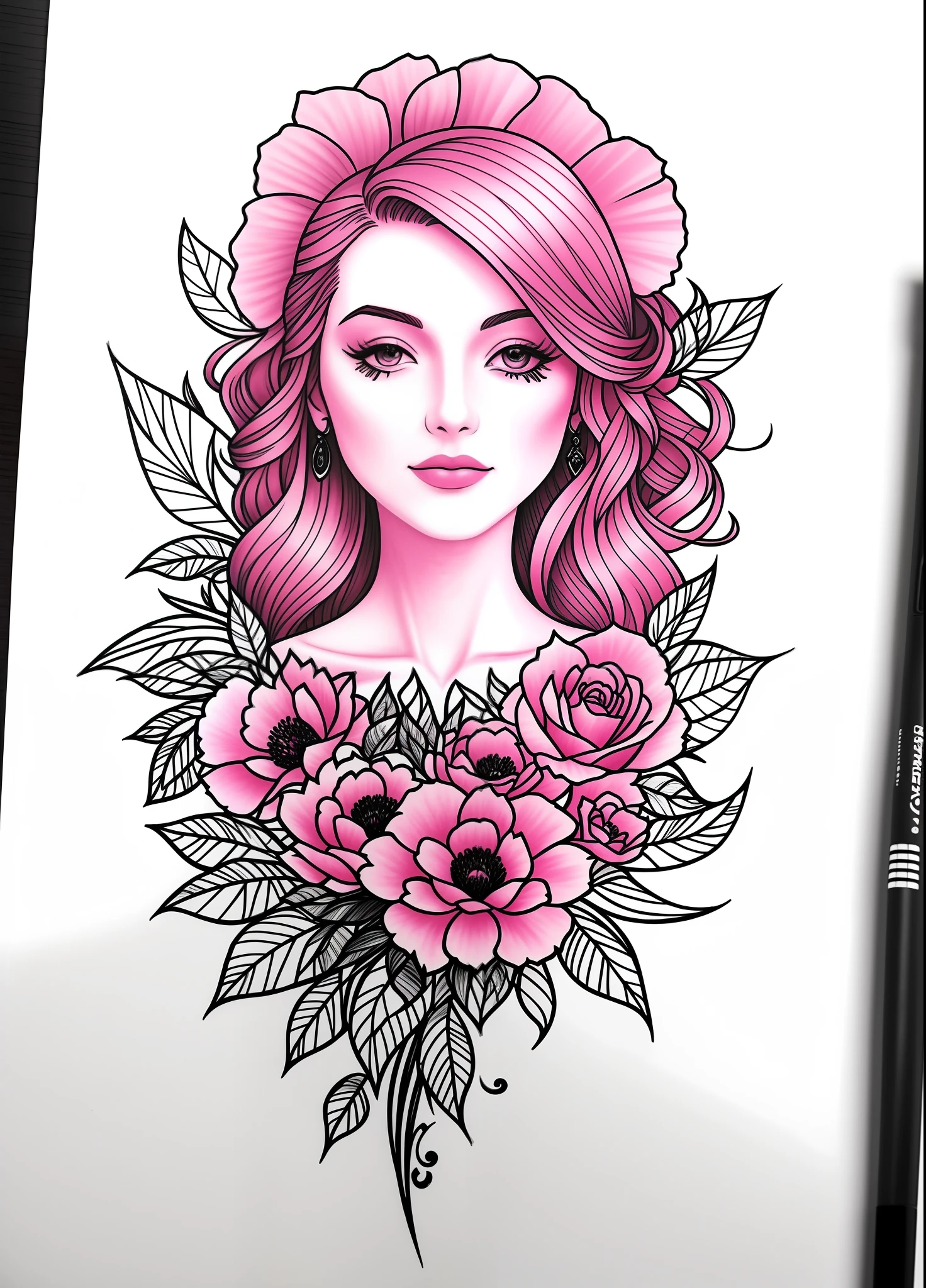 A pink sketch design, tattoo art, Blackwork tattoo style.