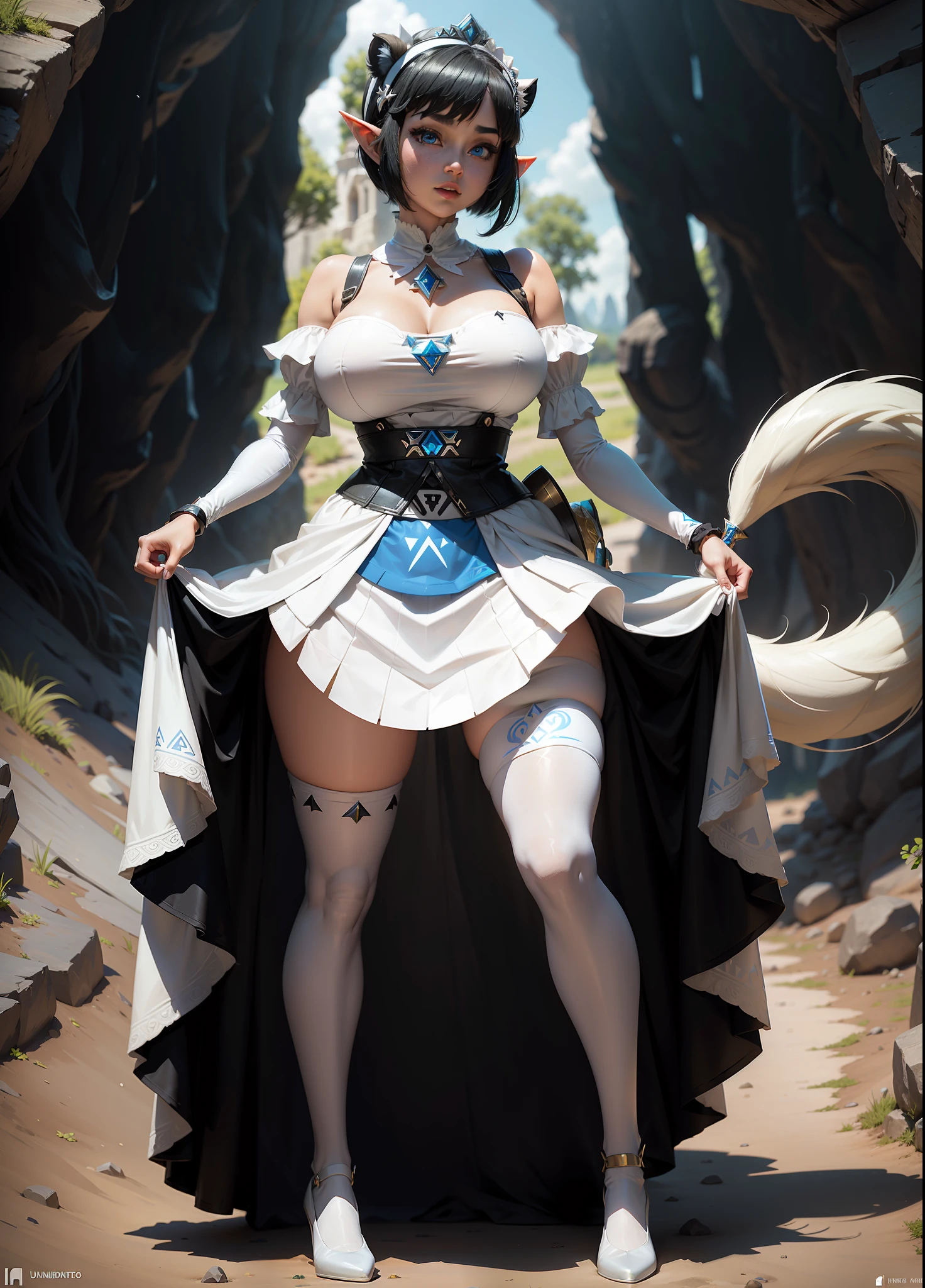 ((Full body, Princess Zelda as a humanoid skunk, big breasts)), in one ((black maid outfit with white skirt and white pantyhose with clip on skirt)), she has ((short black hair)) and ((blue eyes)), she is inside a cave, 16k, highres, best quality, award-winning, high details, anatomically correct, masterpiece, UHD, ccurate, retina