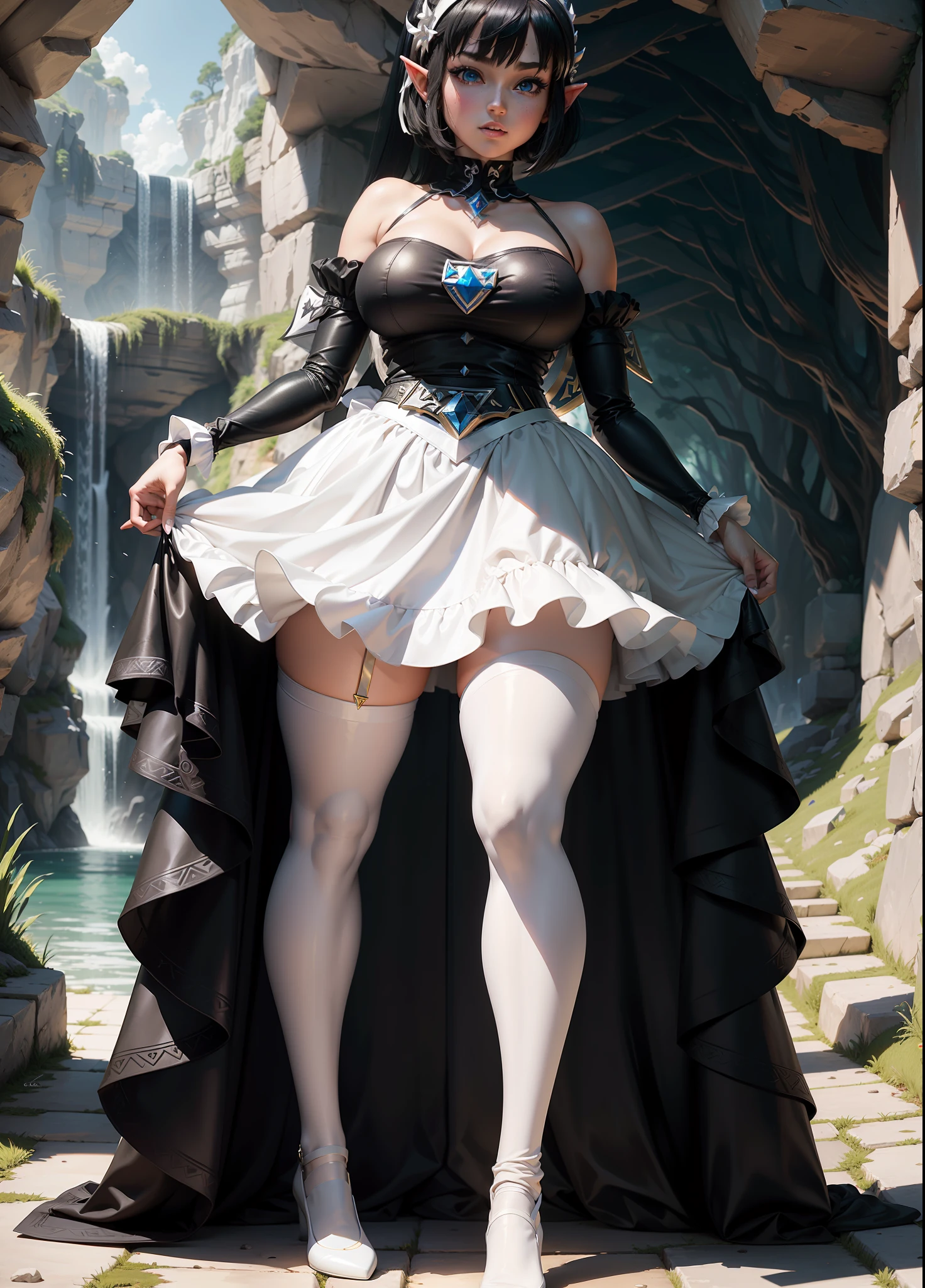 ((Full body, Princess Zelda as a humanoid skunk, big breasts)), in one ((black maid outfit with white skirt and white pantyhose with clip on skirt)), she has ((short black hair)) and ((blue eyes)), she is inside a cave, 16k, highres, best quality, award-winning, high details, anatomically correct, masterpiece, UHD, ccurate, retina