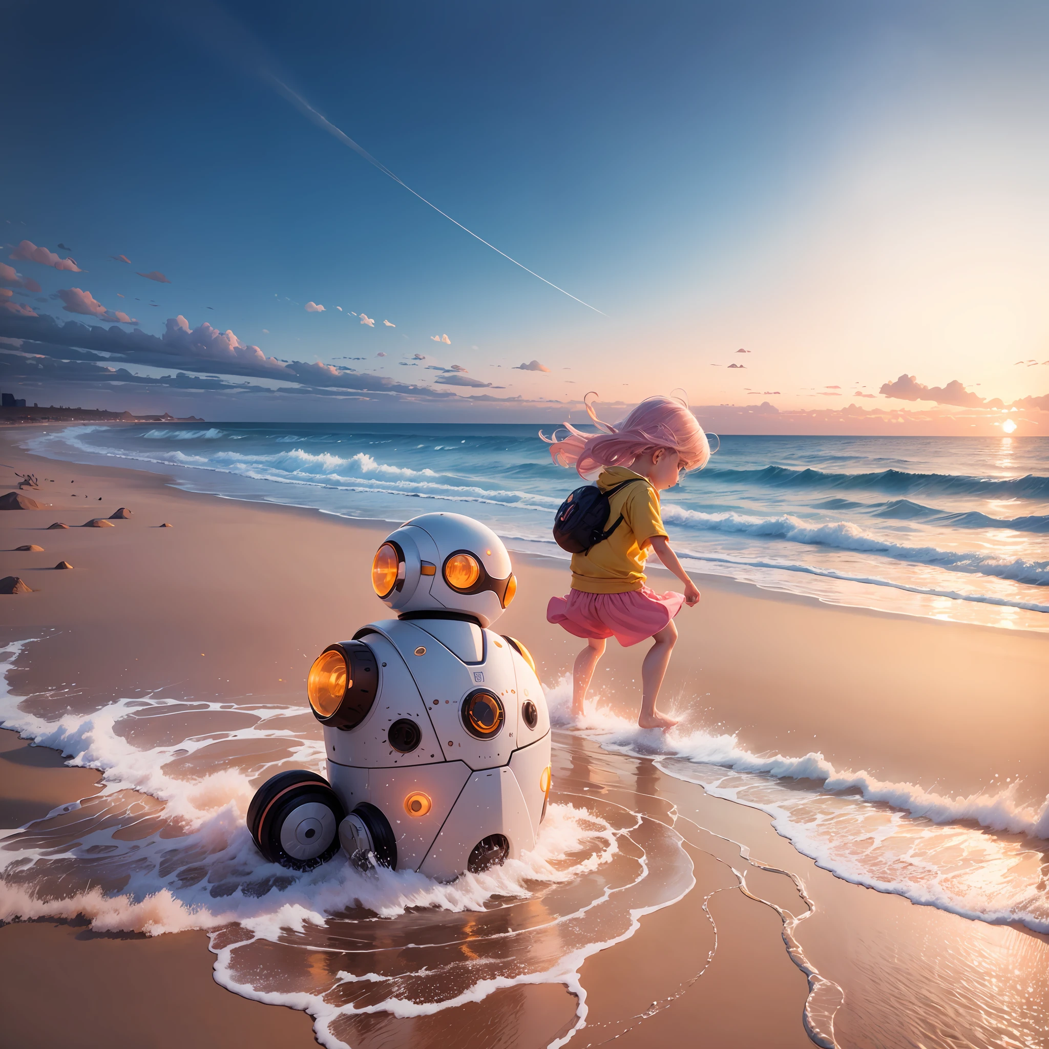 Absolutely mesmerizing sunsets on the beach with children having fun on the beach with a mix of orange, pink and yellow in the sky. The water is crystal clear, gently kissing the shore, and the white sand is boundless. The scene is dynamic and breathtaking, seagulls soaring high in the sky, robots standing by the beach, guardian children, steel metal [rusty], elegant, clear focus, soft lighting, bright colors, masterpieces, dynamic poses --auto --s2