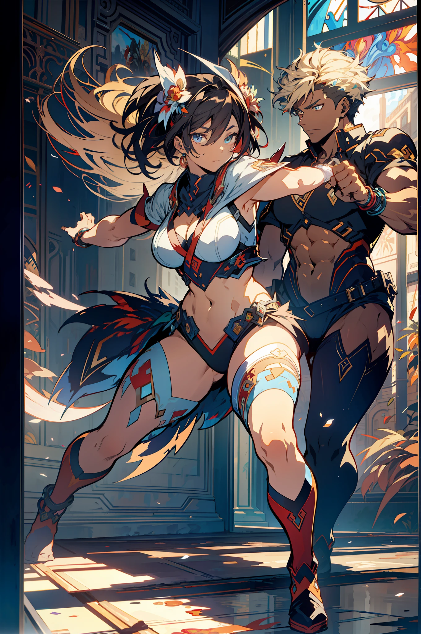 ::Kennedy and Daniel Sampere::2.0 Anime man illustration style, tatoon style, comic book style, , ultra detailed and in various full-body attack poses, (beautiful and clear background: 1.2),, fantastic paintings, graffiti style, flowers, highly detailed eyes, with a blouse underneath, with both fists in fighting position, and bracelets, fighting an enemy, with black hair, stained glass, outside, vibrant, alphonse mucha style, fantastic paintings by Joe Madureira, high quality, art, Ashley Graham Beautiful man with long red hair, freedom, soul, digital illustration, comic style, perfect anatomy, centered, approaching perfection, dynamic, highly detailed, watercolor painting, artstation, concept art, smooth, s (masterpiece, extremely_detailed_CG, 8k_wallpaper:1.2), serafuku black, dark skinned, white hair, sailor's collar, midriff, abs, _A_and_B, has blonde twintails and blue eyes, {masterpiece}, {extremely detailed}, Bgirl has short black hair and red eyes