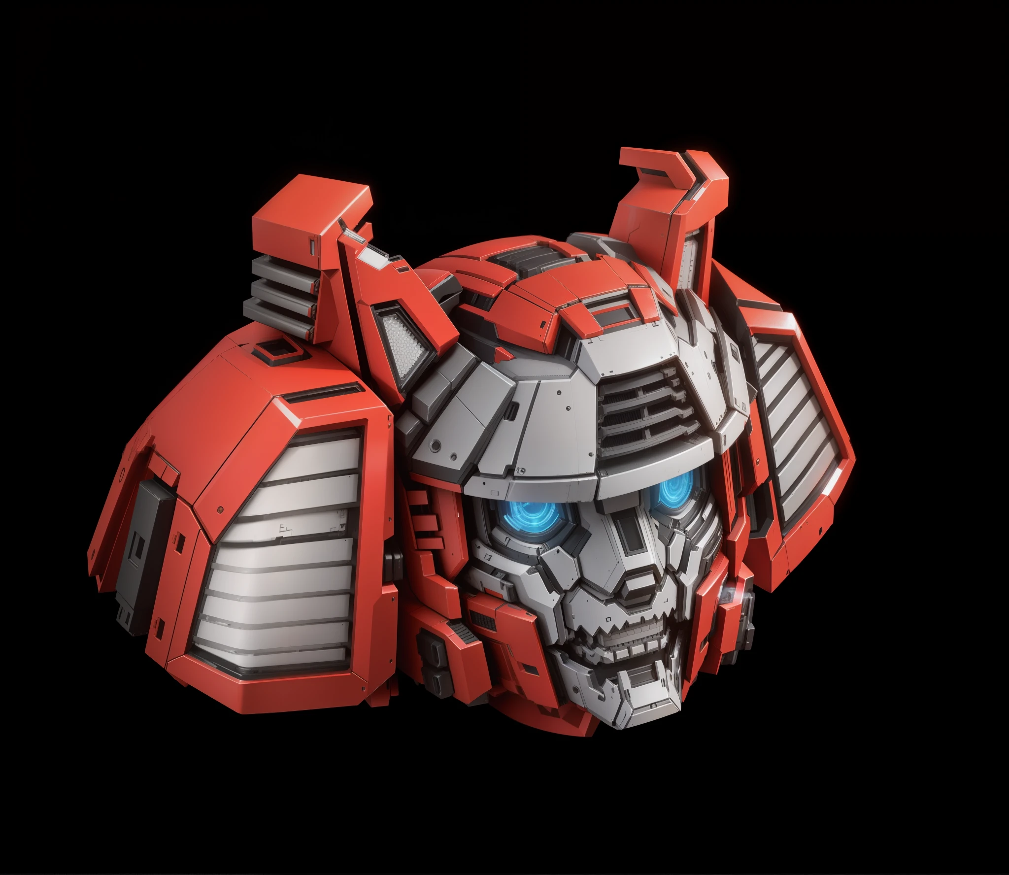 Robot Head, Epic Robot Head, Red Livery, Machine Structure, Complex, Real, Humanoid Mecha, Roland Ziervinskis 3d Render Art, Polycount Contest Winner, Humanoid Mech, 3D Render Stylized, Black Background, Beautiful Robot Character Design, Mecha Portrait, Mecha, Transformer Style, Realism, Right Hands