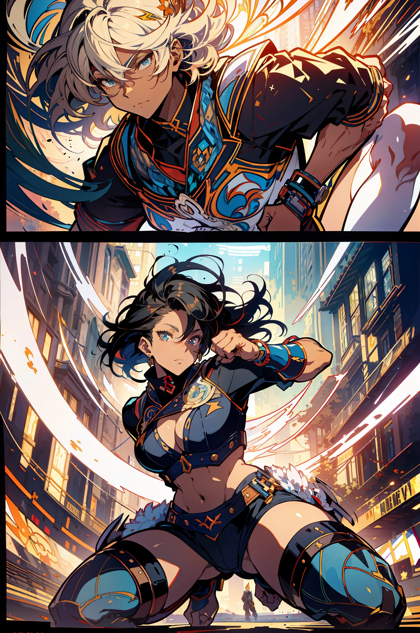 ::Kennedy and Daniel Sampere::2.0 Anime man illustration style, tatoon style, comic book style, , ultra detailed and in various full-body attack poses, (beautiful and clear background: 1.2),, fantastic paintings, graffiti style, flowers, highly detailed eyes, with a blouse underneath, with both fists in fighting position, and bracelets, fighting an enemy, with black hair, stained glass, outside, vibrant, alphonse mucha style, fantastic paintings by Joe Madureira, high quality, art, Ashley Graham Beautiful man with long red hair, freedom, soul, digital illustration, comic style, perfect anatomy, centered, approaching perfection, dynamic, highly detailed, watercolor painting, artstation, concept art, smooth, s (masterpiece, extremely_detailed_CG, 8k_wallpaper:1.2), serafuku black, dark skinned, white hair, sailor's collar, midriff, abs, _A_and_B, has blonde twintails and blue eyes, {masterpiece}, {extremely detailed}, Bgirl has short black hair and red eyes